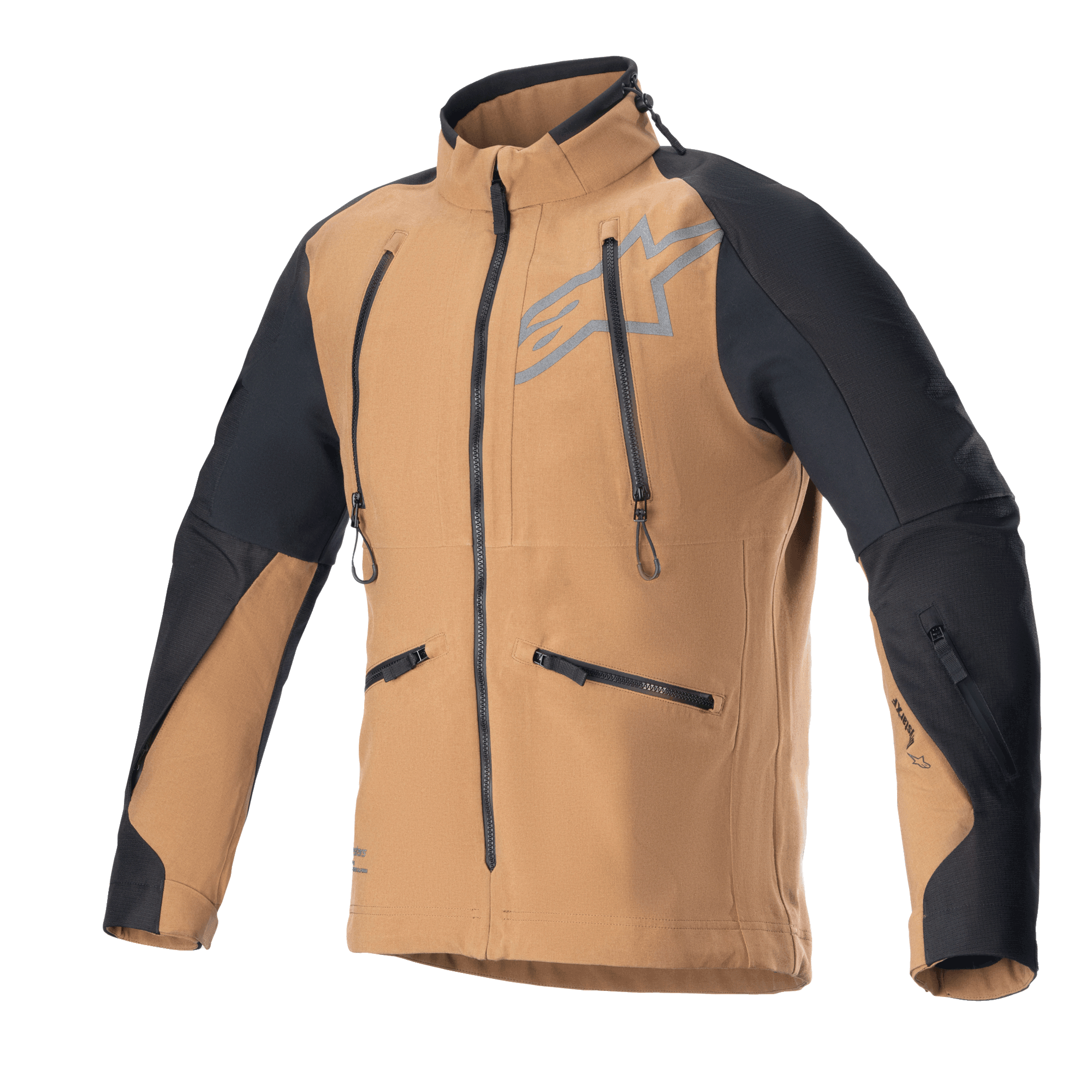 Giacca Alpinestars Hyde XT Drystar XF, giacca da moto adventure touring, sabbia e nero, con cerniere di ventilazione verticali sul petto e tasche laterali, inserti in ripstop nero su spalle e braccia, collo alto, costruzione in tessuto impermeabile per la guida fuoristrada