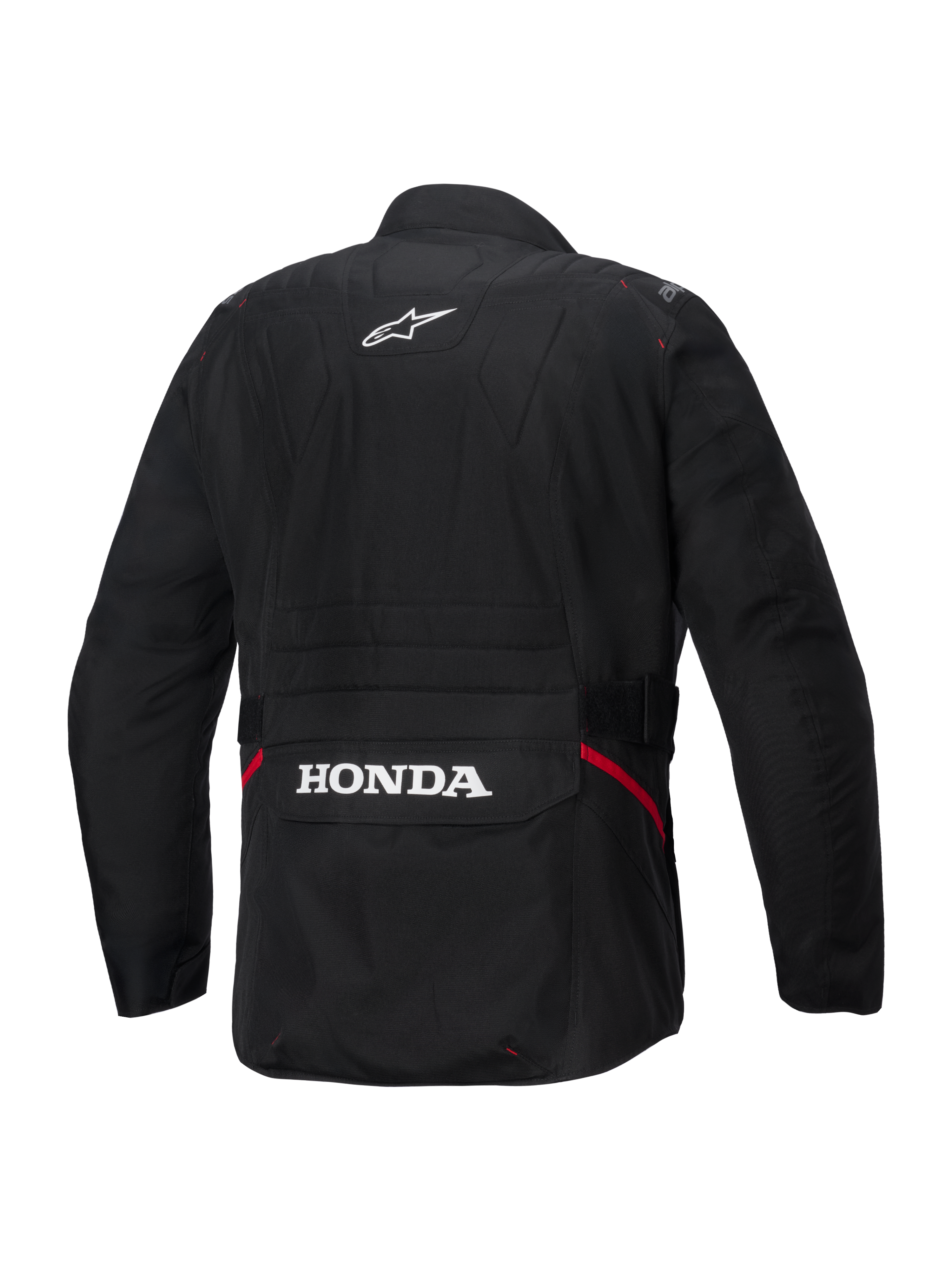 Giacca impermeabile Alpinestars Honda ST-1, vista posteriore, tessuto nero, con logo a stella Alpinestars bianco sulla parte superiore della schiena e marchio Honda sulla tasca cargo posteriore, dettagli rossi sui lati, giacca da moto touring resistente