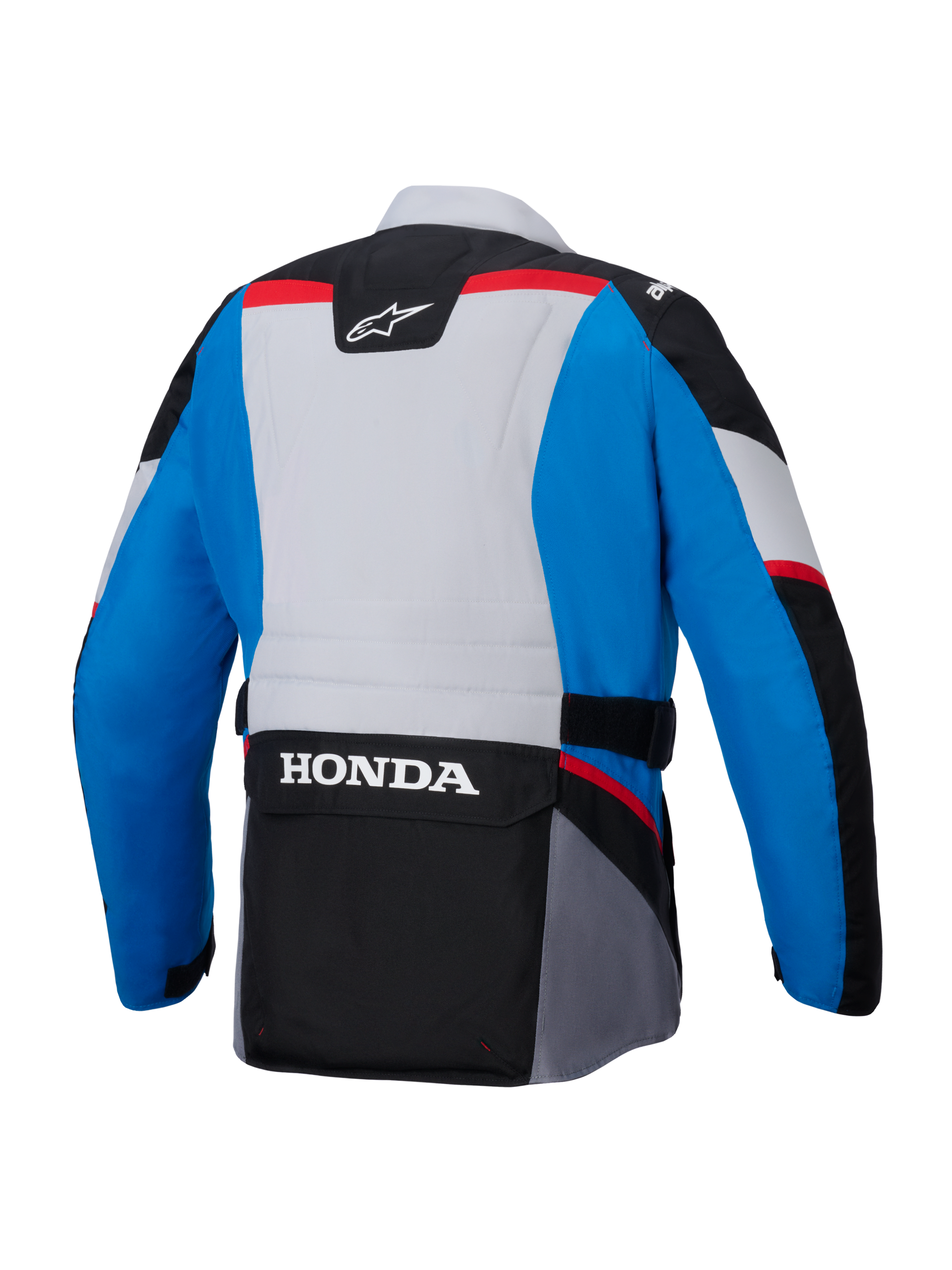 Giacca impermeabile Alpinestars Honda ST-1, vista posteriore, blu e grigio chiaro con pannelli neri e accenti rossi, presenta un grande logo HONDA bianco sulla tasca cargo posteriore inferiore, giacca in tessuto stile adventure touring