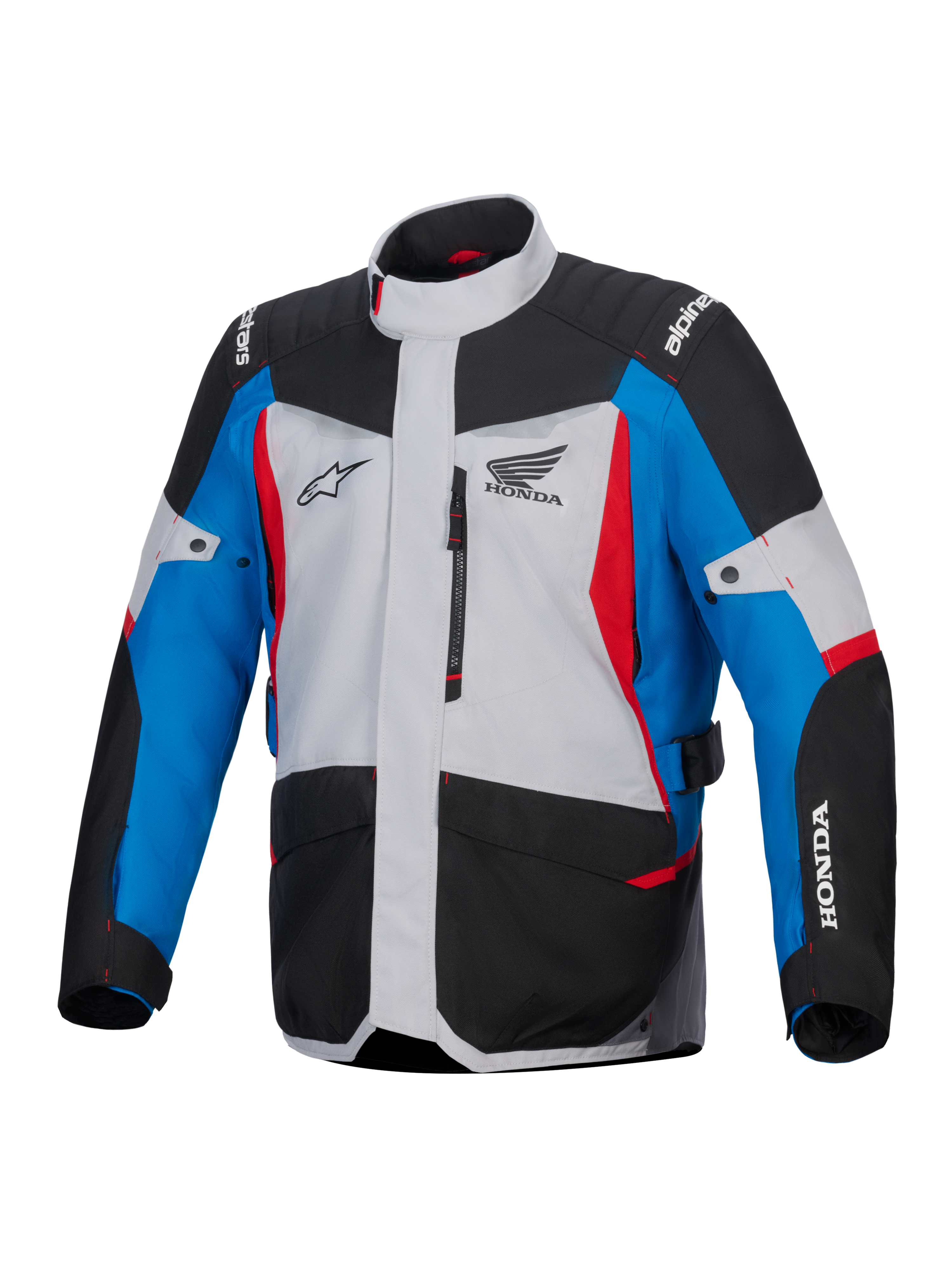 Giacca impermeabile Alpinestars Honda ST-1, giacca da moto touring, grigio ghiaccio, nero e blu con accenti rossi, con loghi Honda e Alpinestars, vista frontale con tasca sul petto con cerniera e tasche cargo, design adventure touring resistente alle intemperie