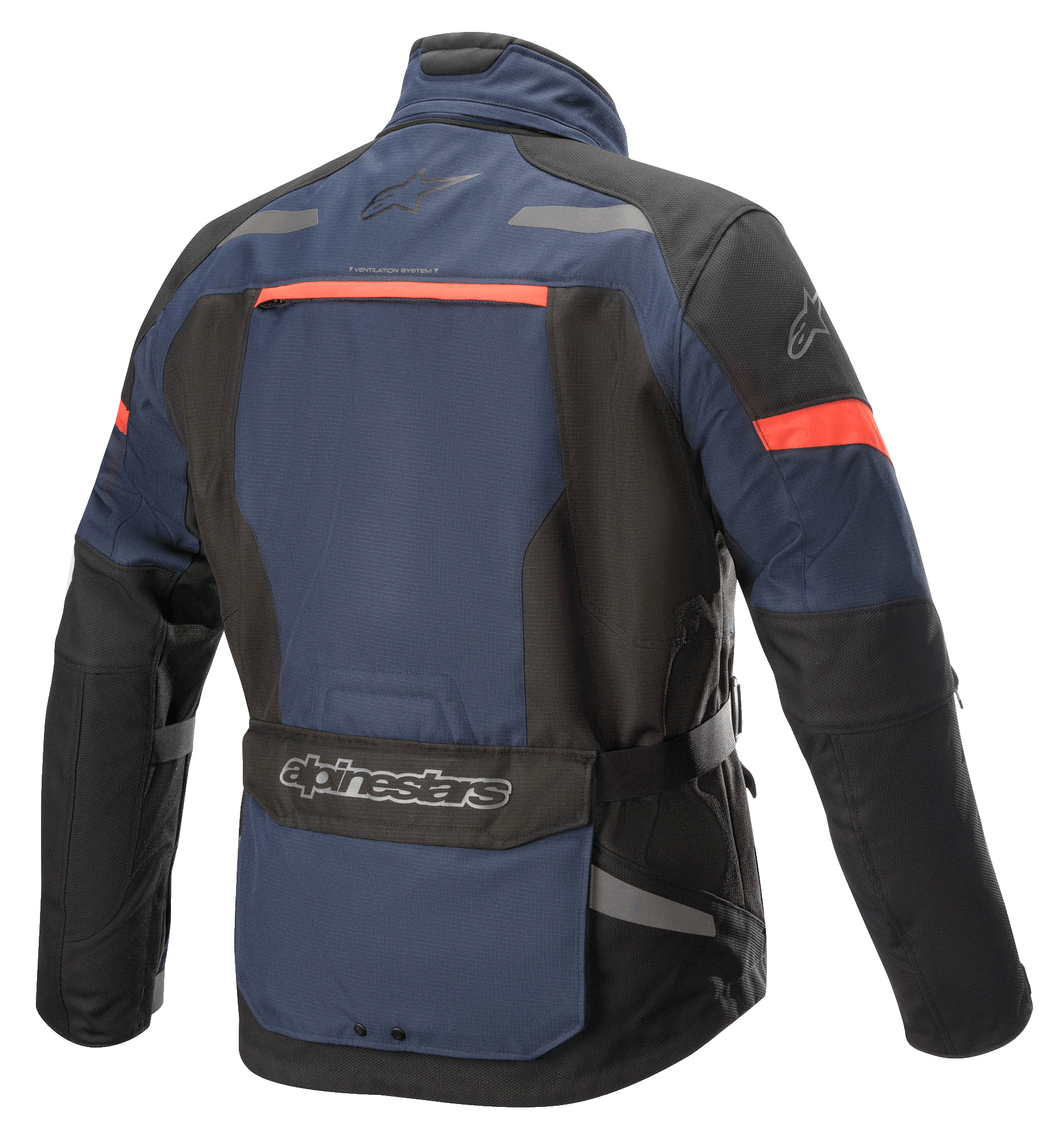 Alpinestars Valparaiso V3 Drystar® Jacket, giacca da moto adventure touring, blu scuro e nero con accenti rosso-arancio, vista posteriore con una grande tasca posteriore, dettagli riflettenti e aperture di ventilazione