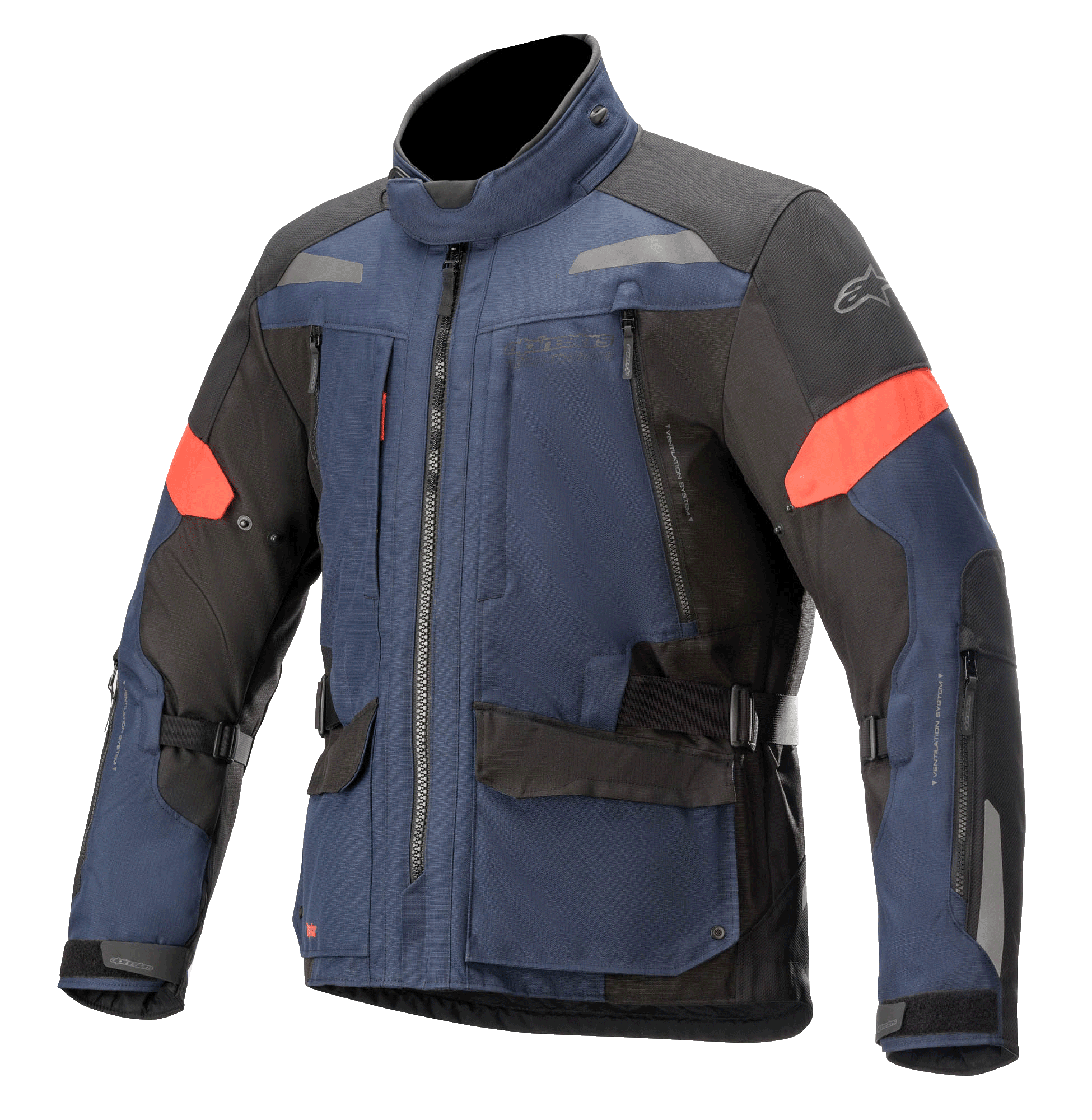Alpinestars Valparaiso V3 Drystar Jacket, giacca da moto touring, blu scuro e nero con dettagli rossi, strisce riflettenti, tasche cargo multiple con zip, cinturini di regolazione in vita e sulle maniche, robusta struttura in tessuto per adventure touring