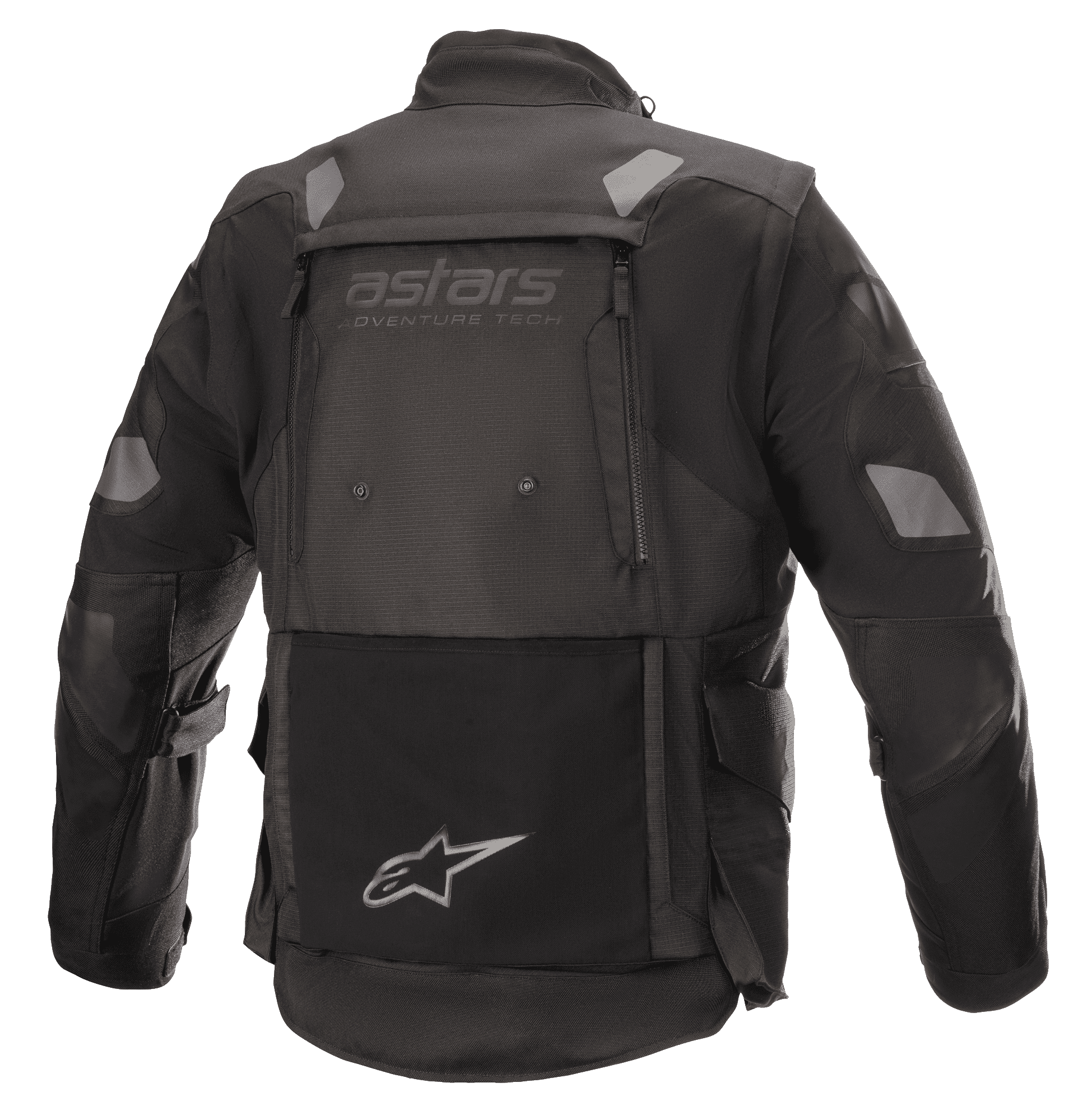 Giacca Alpinestars Halo Drystar®, giacca da moto adventure touring, nero, vista posteriore con ampio pannello di ventilazione posteriore, marchio "astars adventure tech", inserti riflettenti su spalle e gomiti e tasca posteriore integrata con logo a stella