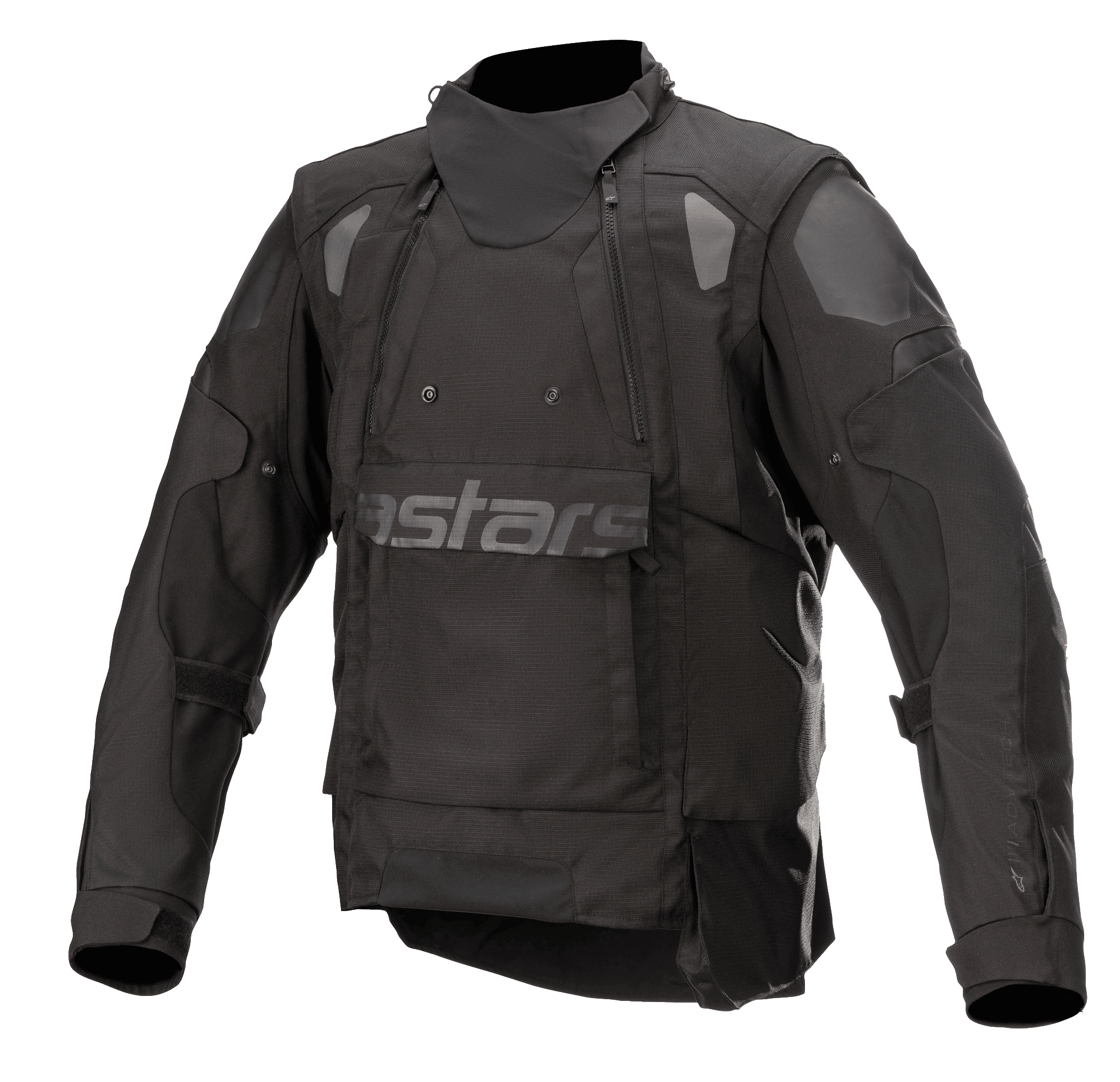 Giacca Alpinestars Halo Drystar®, giacca da moto adventure nera, colletto tecnico, doppie zip sul petto, ampia patta frontale con discreto logo Astars, spalle e gomiti rinforzati, abbigliamento touring impermeabile multistagione