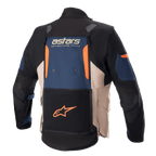 Giacca Alpinestars Halo Drystar®, giacca da moto adventure touring, vista posteriore, blu scuro, kaki scuro e arancione, ampio pannello di ventilazione posteriore, logo 'astars ADVENTURE TECH' e tasca inferiore con logo a stella arancione