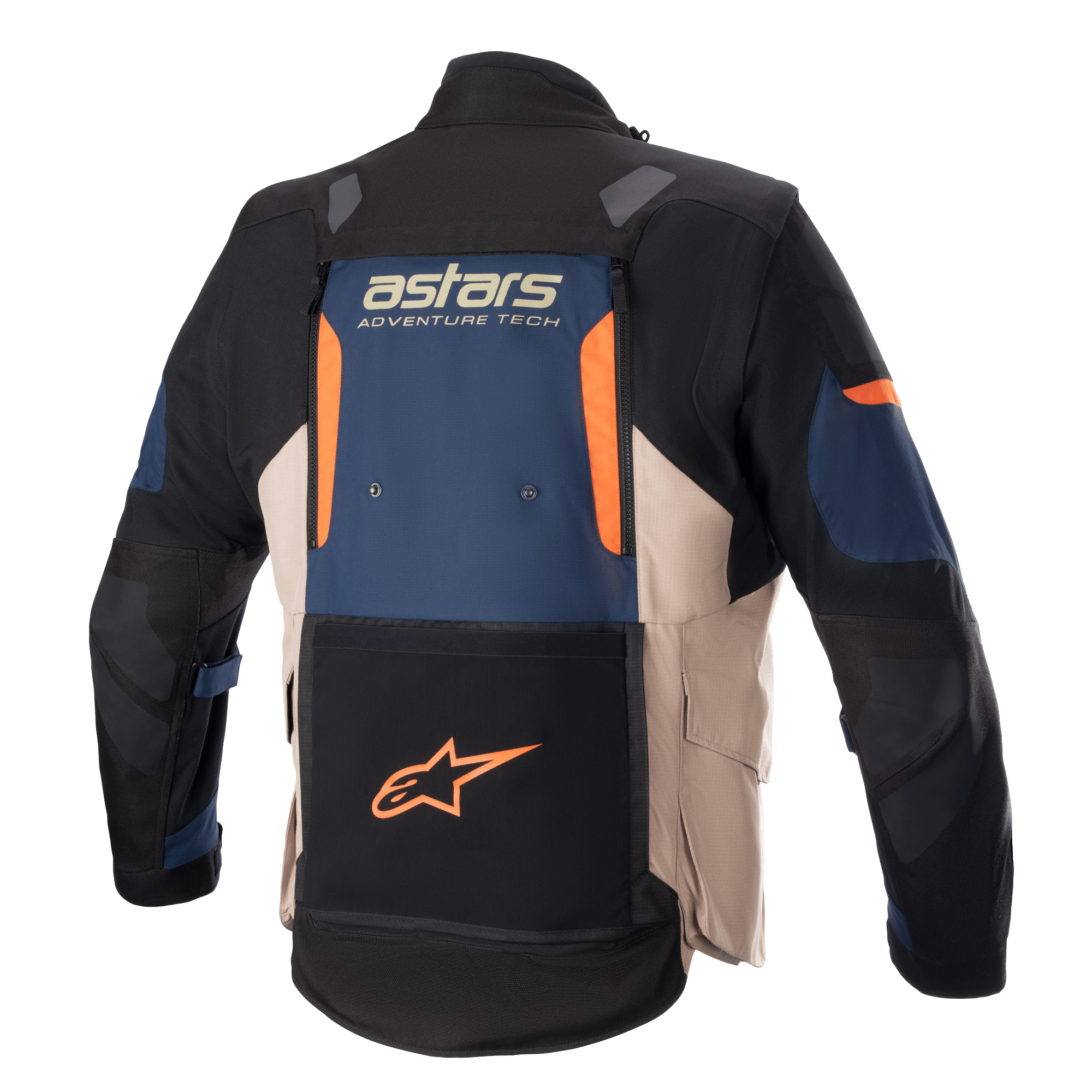 Giacca Alpinestars Halo Drystar®, giacca da moto adventure touring, vista posteriore, blu scuro, kaki scuro e arancione, ampio pannello di ventilazione posteriore, logo 'astars ADVENTURE TECH' e tasca inferiore con logo a stella arancione