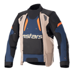 Alpinestars Halo Drystar® Jacket, giacca da moto adventure touring, blu scuro, kaki scuro e arancione, caratterizzata da un frontale asimmetrico con un ampio pannello di ventilazione, logo 'astars' evidente sul petto, collo alto e robusta struttura in tessuto per una protezione in ogni condizione climatica.