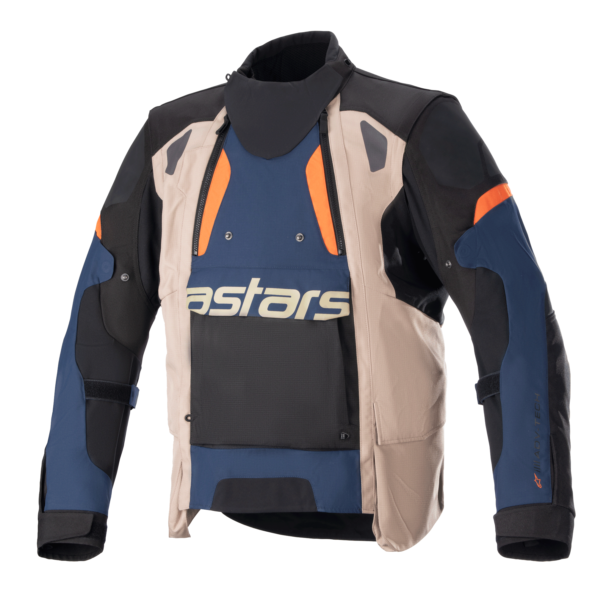 Alpinestars Halo Drystar® Jacket, giacca da moto adventure touring, blu scuro, kaki scuro e arancione, caratterizzata da un frontale asimmetrico con un ampio pannello di ventilazione, logo 'astars' evidente sul petto, collo alto e robusta struttura in tessuto per una protezione in ogni condizione climatica.