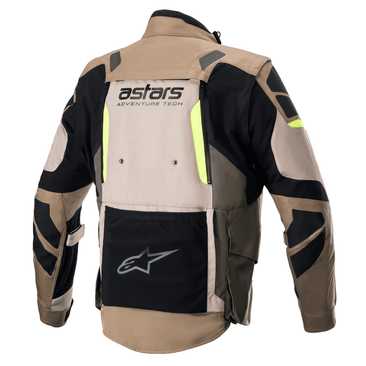 Giacca Alpinestars Halo Drystar®, vista posteriore, Khaki scuro e sabbia con accenti giallo fluo, giacca da moto adventure touring con un ampio pannello di ventilazione posteriore, marchio 'astars ADVENTURE TECH' e una tasca portaoggetti inferiore nera.