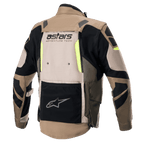 Giacca Alpinestars Halo Drystar®, vista posteriore, Khaki scuro e sabbia con accenti giallo fluo, giacca da moto adventure touring con un ampio pannello di ventilazione posteriore, marchio 'astars ADVENTURE TECH' e una tasca portaoggetti inferiore nera.