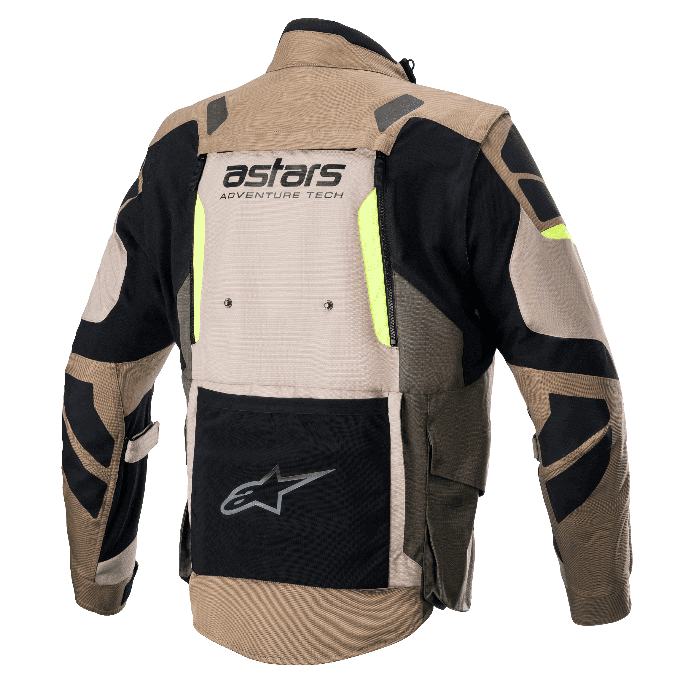 Giacca Alpinestars Halo Drystar®, vista posteriore, Khaki scuro e sabbia con accenti giallo fluo, giacca da moto adventure touring con un ampio pannello di ventilazione posteriore, marchio 'astars ADVENTURE TECH' e una tasca portaoggetti inferiore nera.