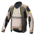 Alpinestars Halo Drystar® Jacket, giacca da moto adventure touring, kaki scuro e sabbia con dettagli giallo fluo, con ampio pannello di ventilazione frontale con marchio astars, collo alto e robusta costruzione in tessuto per tutte le stagioni