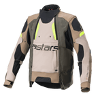 Alpinestars Halo Drystar® Jacket, giacca da moto adventure touring, kaki scuro e sabbia con dettagli giallo fluo, con ampio pannello di ventilazione frontale con marchio astars, collo alto e robusta costruzione in tessuto per tutte le stagioni