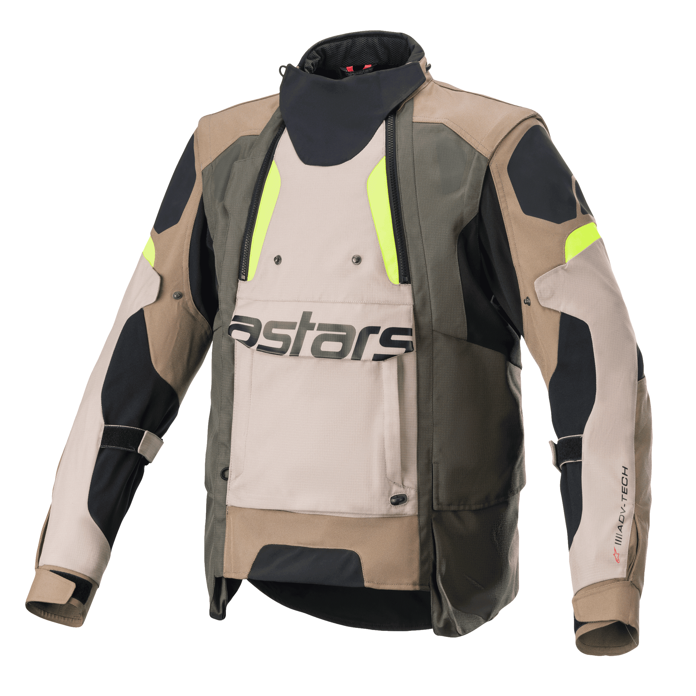 Alpinestars Halo Drystar® Jacket, giacca da moto adventure touring, kaki scuro e sabbia con dettagli giallo fluo, con ampio pannello di ventilazione frontale con marchio astars, collo alto e robusta costruzione in tessuto per tutte le stagioni