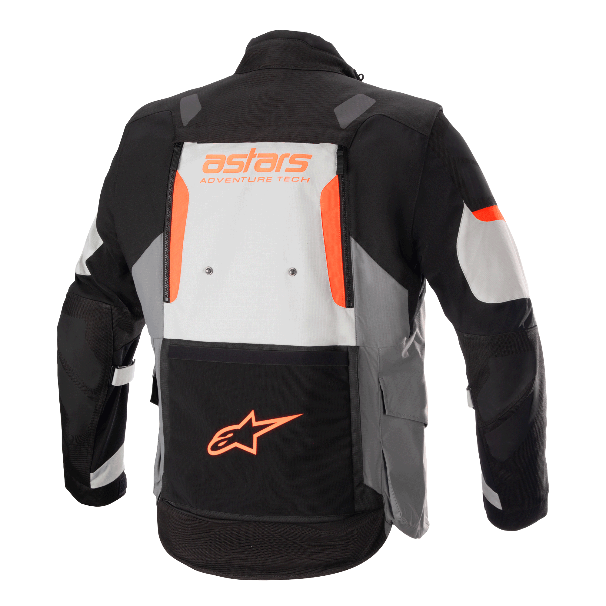 Giacca Alpinestars Halo Drystar®, giacca adventure touring, grigio scuro, grigio ghiaccio e nero con dettagli arancioni, vista posteriore con ampio pannello di ventilazione sulla schiena, marchio 'astars ADVENTURE TECH' e logo a stella arancione sulla tasca inferiore, abbigliamento tecnico da moto multistagionale