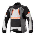 Giacca Alpinestars Halo Drystar®, giacca da moto adventure touring, grigio scuro, grigio ghiaccio e nero con accenti arancioni, con pannello di ventilazione frontale asimmetrico, logo astars arancione, cinturini regolabili sulle maniche e colletto alto, abbigliamento protettivo in tessuto per guida adventure in ogni stagione
