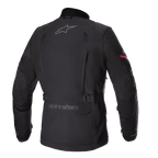 Giacca Alpinestars Monteira Drystar® XF, giacca da moto adventure touring, nero con dettaglio rosso brillante sulla manica, profilo posteriore con loghi Alpinestars grigi, cintura regolabile in vita e guscio in tessuto impermeabile resistente