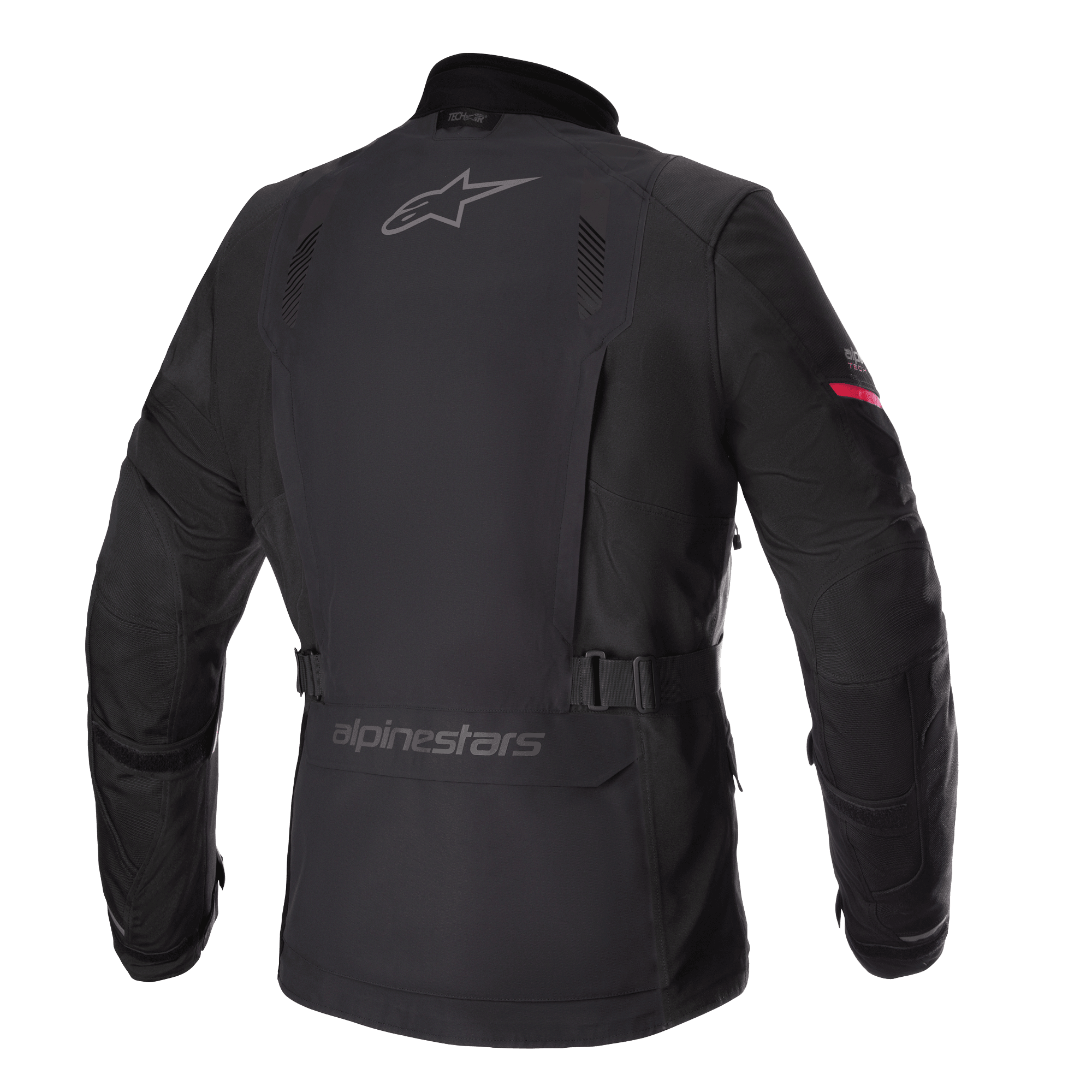 Giacca Alpinestars Monteira Drystar® XF, giacca da moto adventure touring, nero con dettaglio rosso brillante sulla manica, profilo posteriore con loghi Alpinestars grigi, cintura regolabile in vita e guscio in tessuto impermeabile resistente