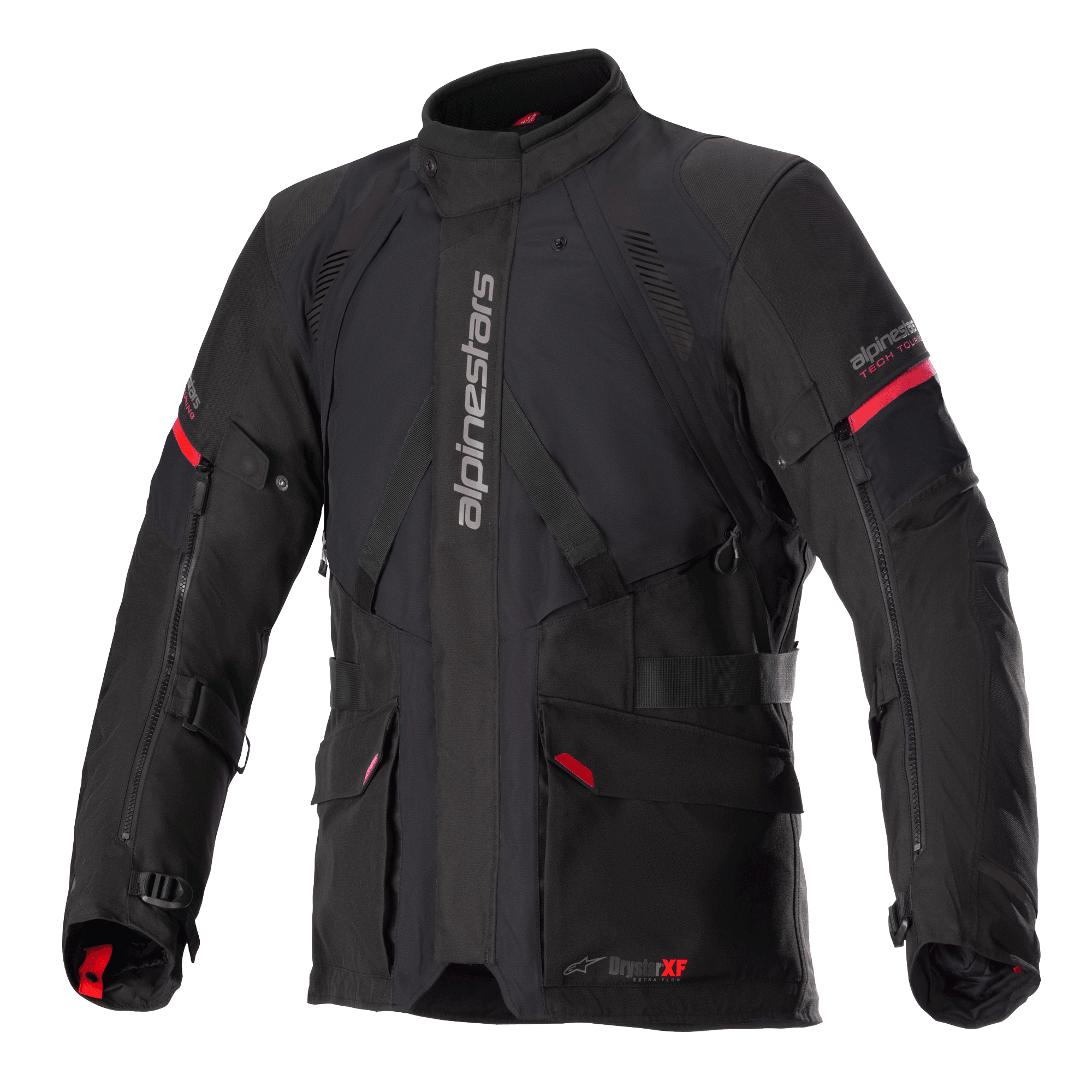 Alpinestars Monteira Drystar XF Jacket, giacca da moto adventure touring, nero e rosso acceso, costruzione laminata impermeabile, dotata di tasche multiuso e cinghie regolabili, tessuto resistente per protezione in ogni condizione atmosferica