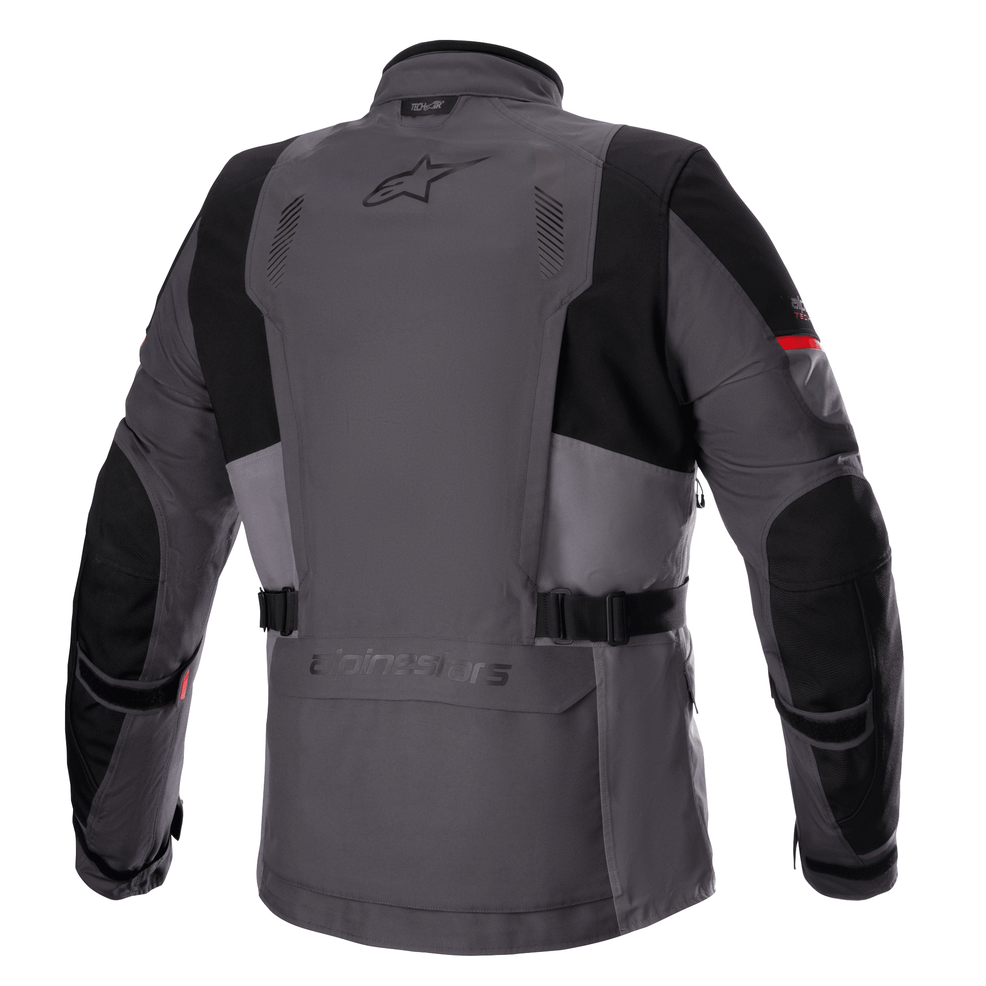 Alpinestars Monteira Drystar® XF Jacket, giacca da moto Adventure Touring, grigio scuro e grigio Tar con accenti rosso brillante, vista posteriore con tasca utility, cinghie in vita e pannelli neri rinforzati su spalle e gomiti, logo Astars sulla parte superiore della schiena