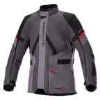 Alpinestars Monteira Drystar XF Jacket, giacca da moto touring, grigio scuro e grigio catrame con pannelli neri e accenti rosso acceso, con tasche cargo frontali, cinghie di regolazione su vita e braccia, logo Alpinestars verticale e collo alto, progettata per l'adventure riding