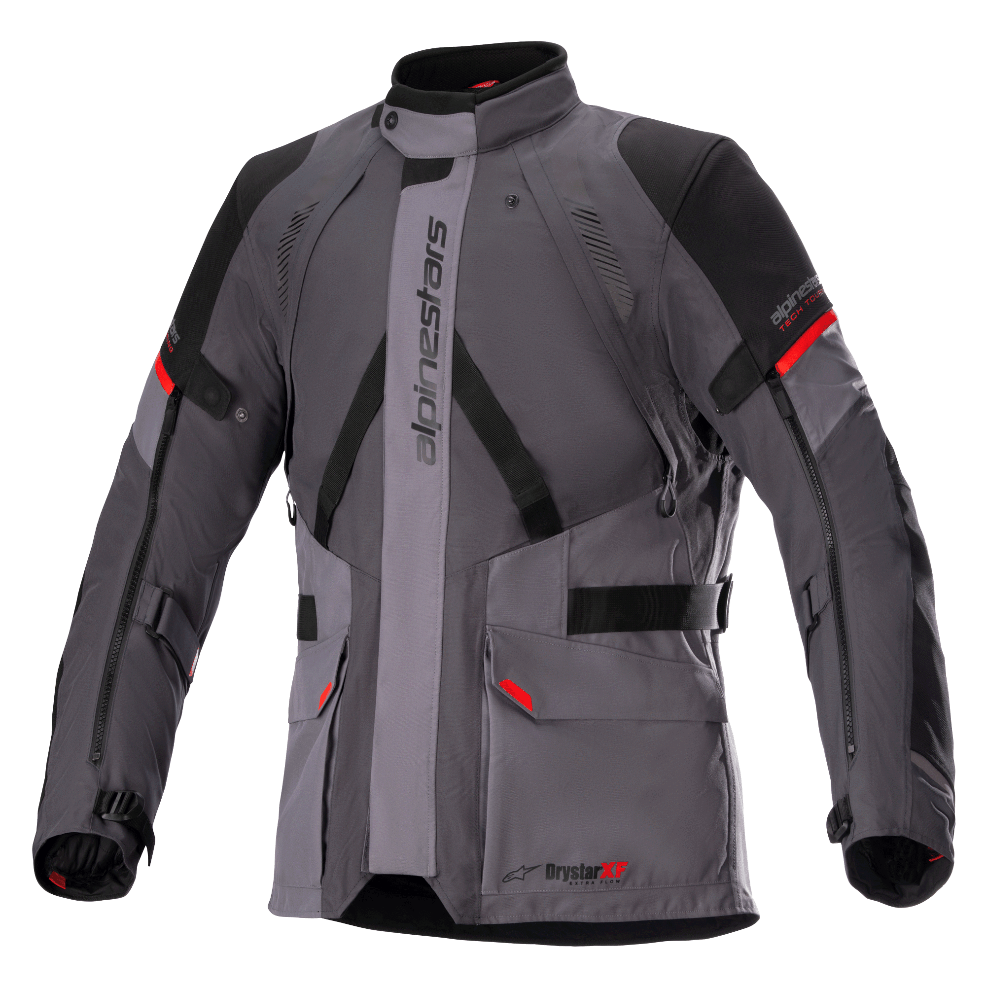 Alpinestars Monteira Drystar XF Jacket, giacca da moto touring, grigio scuro e grigio catrame con pannelli neri e accenti rosso acceso, con tasche cargo frontali, cinghie di regolazione su vita e braccia, logo Alpinestars verticale e collo alto, progettata per l'adventure riding
