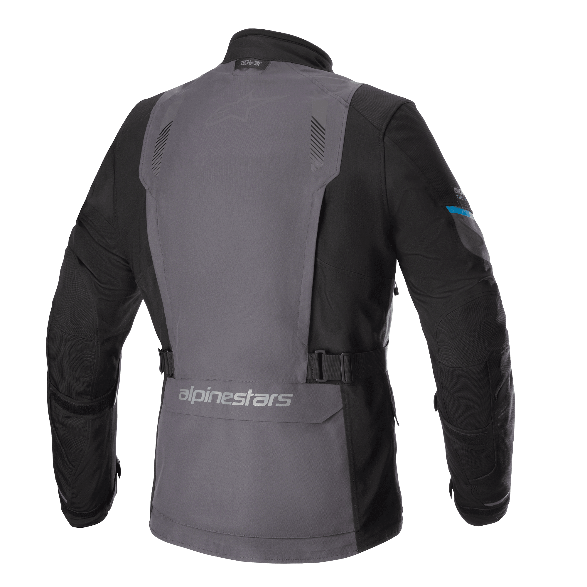 Giacca Alpinestars Monteira Drystar® XF, giacca da moto Adventure Touring, grigio catrame e nero con accenti Methyl Blue, vista posteriore con ampio pannello posteriore grigio, cinghie regolabili in vita e logo Alpinestars sulla parte bassa della schiena.