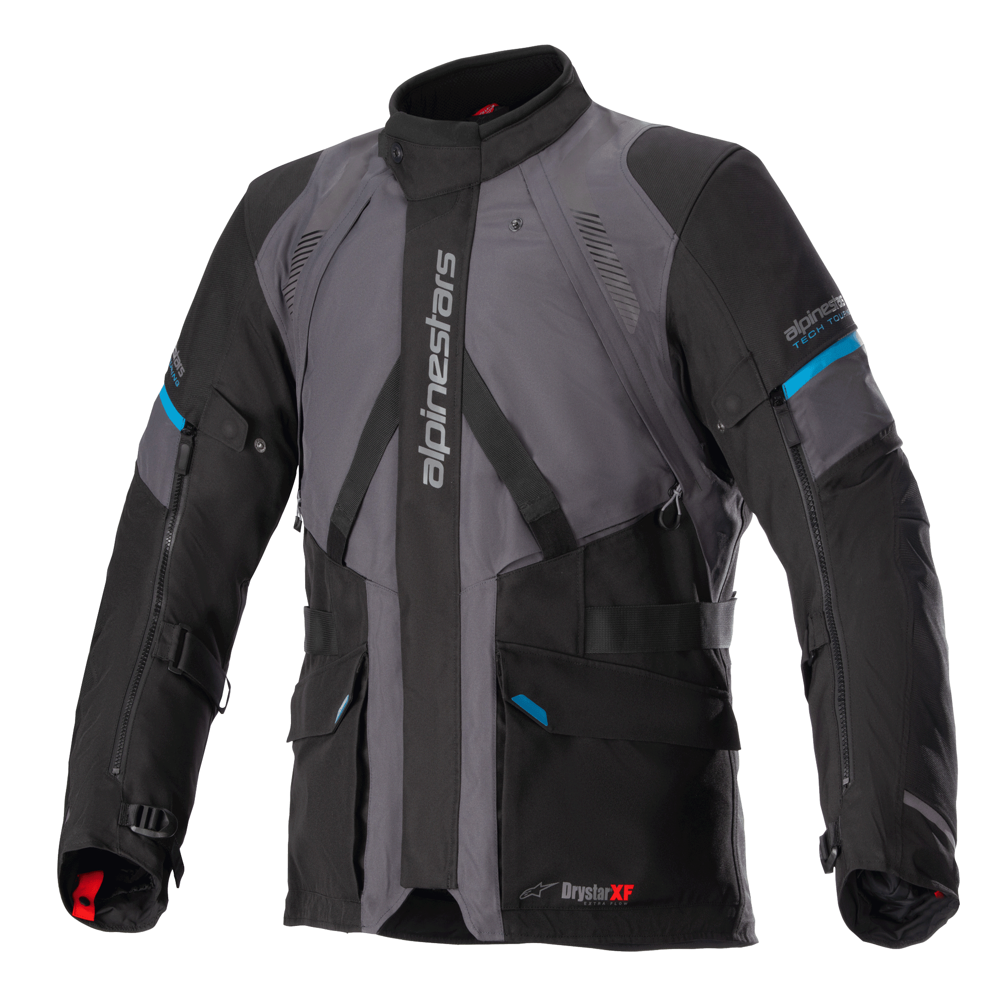 Alpinestars Monteira Drystar XF Jacket, giacca da moto adventure touring, grigio e nero con accenti Methyl Blue, con tasche frontali multiple, cinghie regolabili in vita e branding Alpinestars verticale sul petto, robusta costruzione in tessuto impermeabile