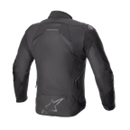 Giacca Alpinestars T-GP R V3 Drystar®, giacca sportiva da moto in tessuto, Nero Nero, vista posteriore che mostra la silhouette sartoriale 3D con grande logo a stella sulla parte bassa della schiena e scritta Alpinestars vicino al colletto, con cerniere di ventilazione laterali.