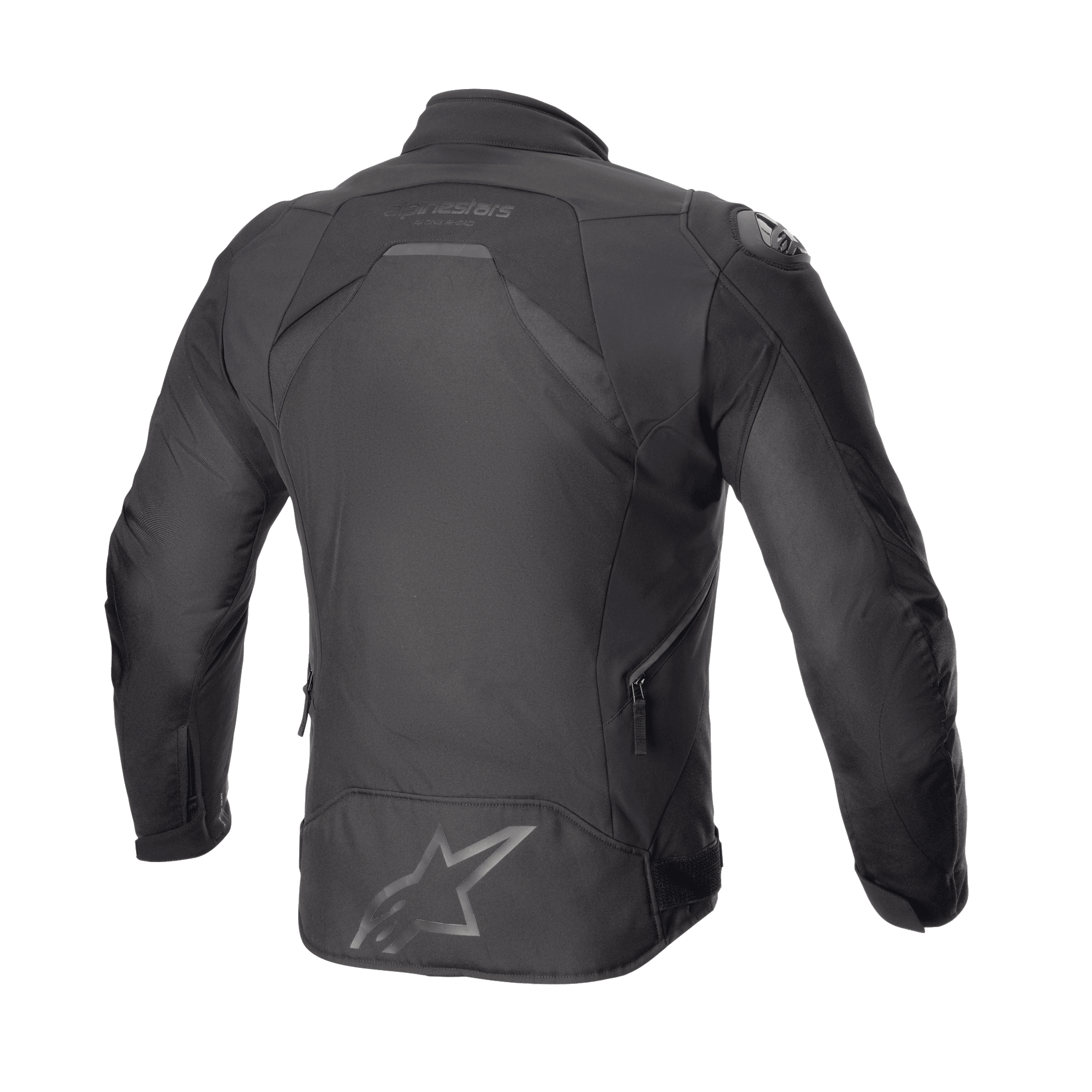 Giacca Alpinestars T-GP R V3 Drystar®, giacca sportiva da moto in tessuto, Nero Nero, vista posteriore che mostra la silhouette sartoriale 3D con grande logo a stella sulla parte bassa della schiena e scritta Alpinestars vicino al colletto, con cerniere di ventilazione laterali.