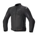 Giacca Alpinestars T-GP R V3 Drystar, giacca da moto sportiva in tessuto nera, vista frontale, logo opaco discreto sul petto, marchio Drystar arancione in vita, slider per spalle DFS, abbigliamento tecnico impermeabile e traspirante
