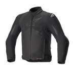 Giacca Alpinestars T-GP R V3 Drystar, giacca da moto sportiva in tessuto nera, vista frontale, logo opaco discreto sul petto, marchio Drystar arancione in vita, slider per spalle DFS, abbigliamento tecnico impermeabile e traspirante