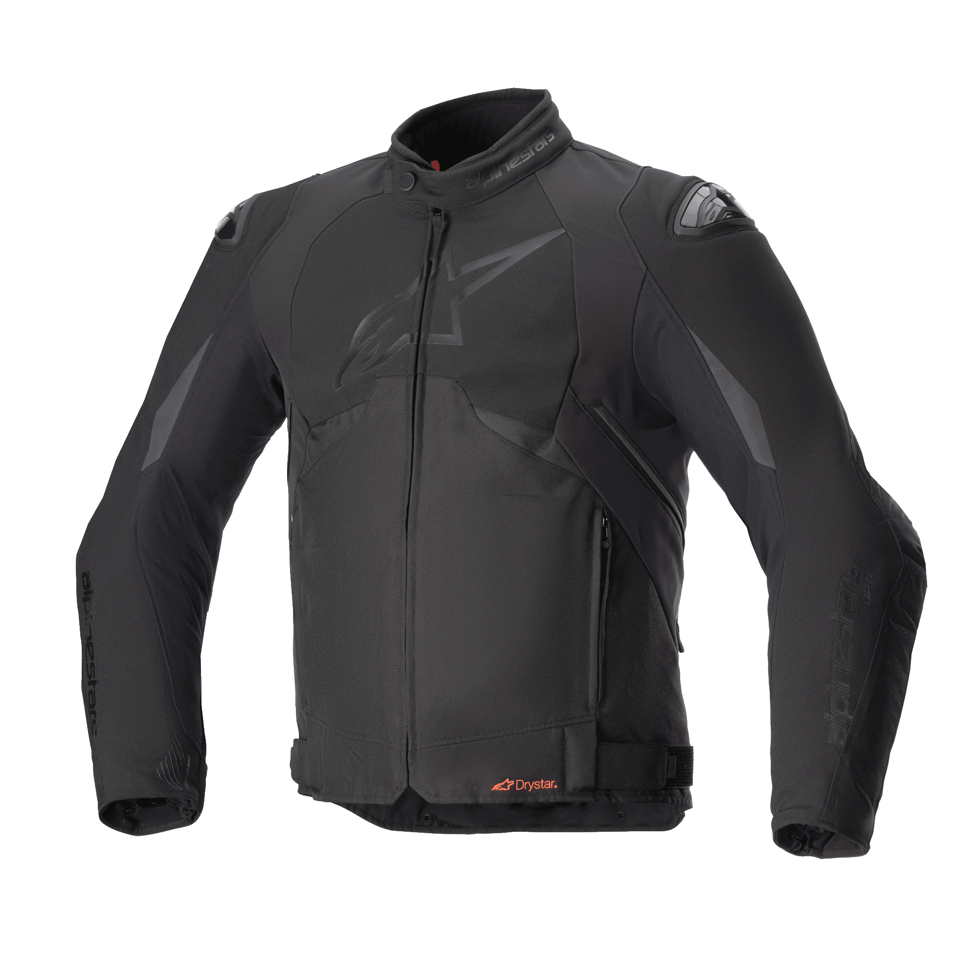 Giacca Alpinestars T-GP R V3 Drystar, giacca da moto sportiva in tessuto nera, vista frontale, logo opaco discreto sul petto, marchio Drystar arancione in vita, slider per spalle DFS, abbigliamento tecnico impermeabile e traspirante