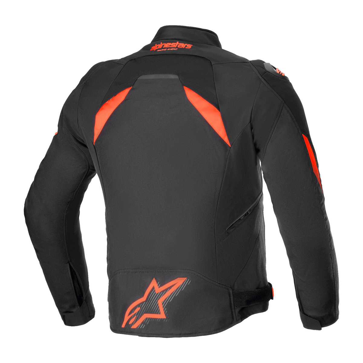 Alpinestars Giacca T-GP R V3 Drystar®, giacca da moto sportiva in tessuto impermeabile, nero e rosso fluo, vista posteriore con un grande logo fluorescente sulla parte bassa della schiena e pannelli sulle spalle ad alta visibilità, design tecnico di derivazione racing