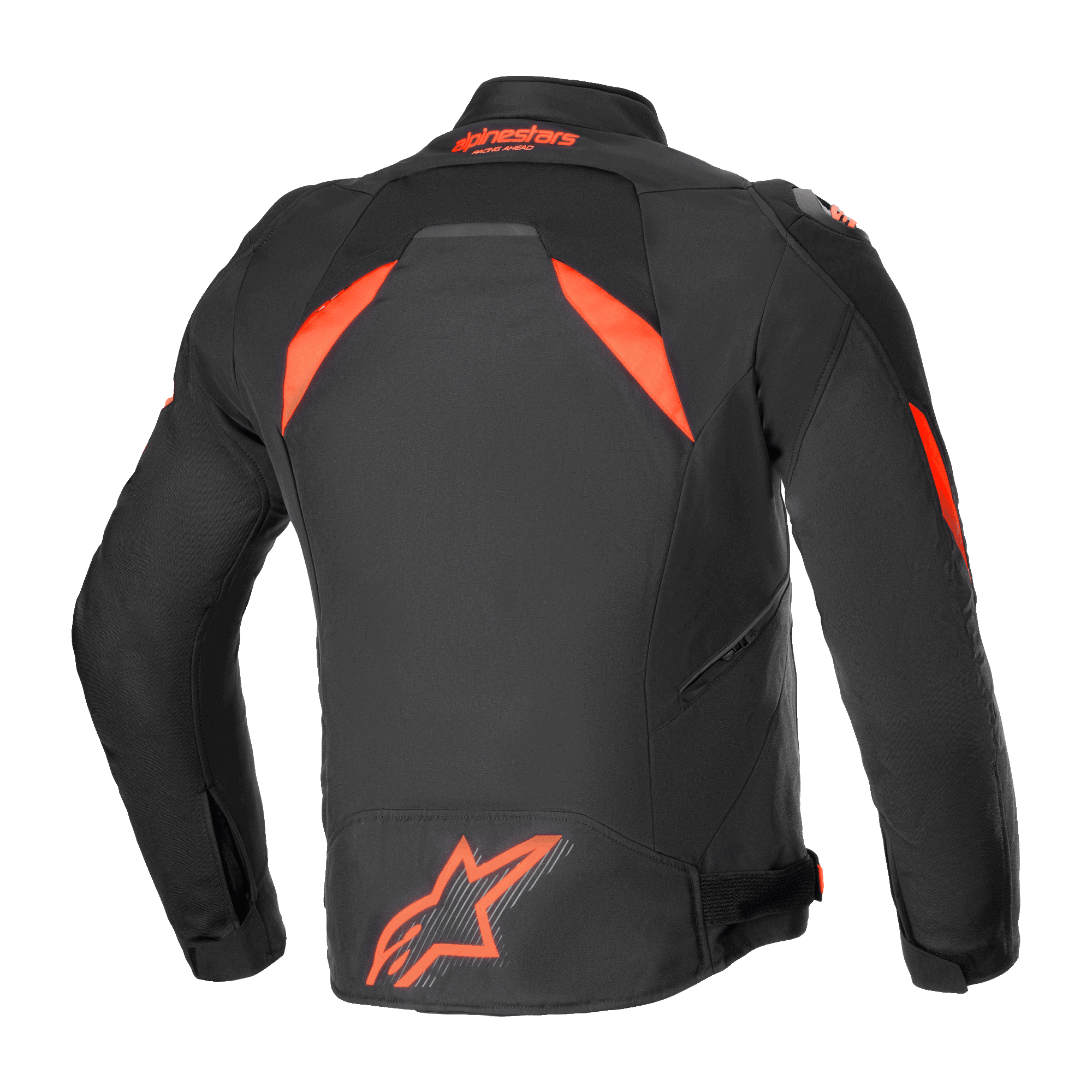 Alpinestars Giacca T-GP R V3 Drystar®, giacca da moto sportiva in tessuto impermeabile, nero e rosso fluo, vista posteriore con un grande logo fluorescente sulla parte bassa della schiena e pannelli sulle spalle ad alta visibilità, design tecnico di derivazione racing
