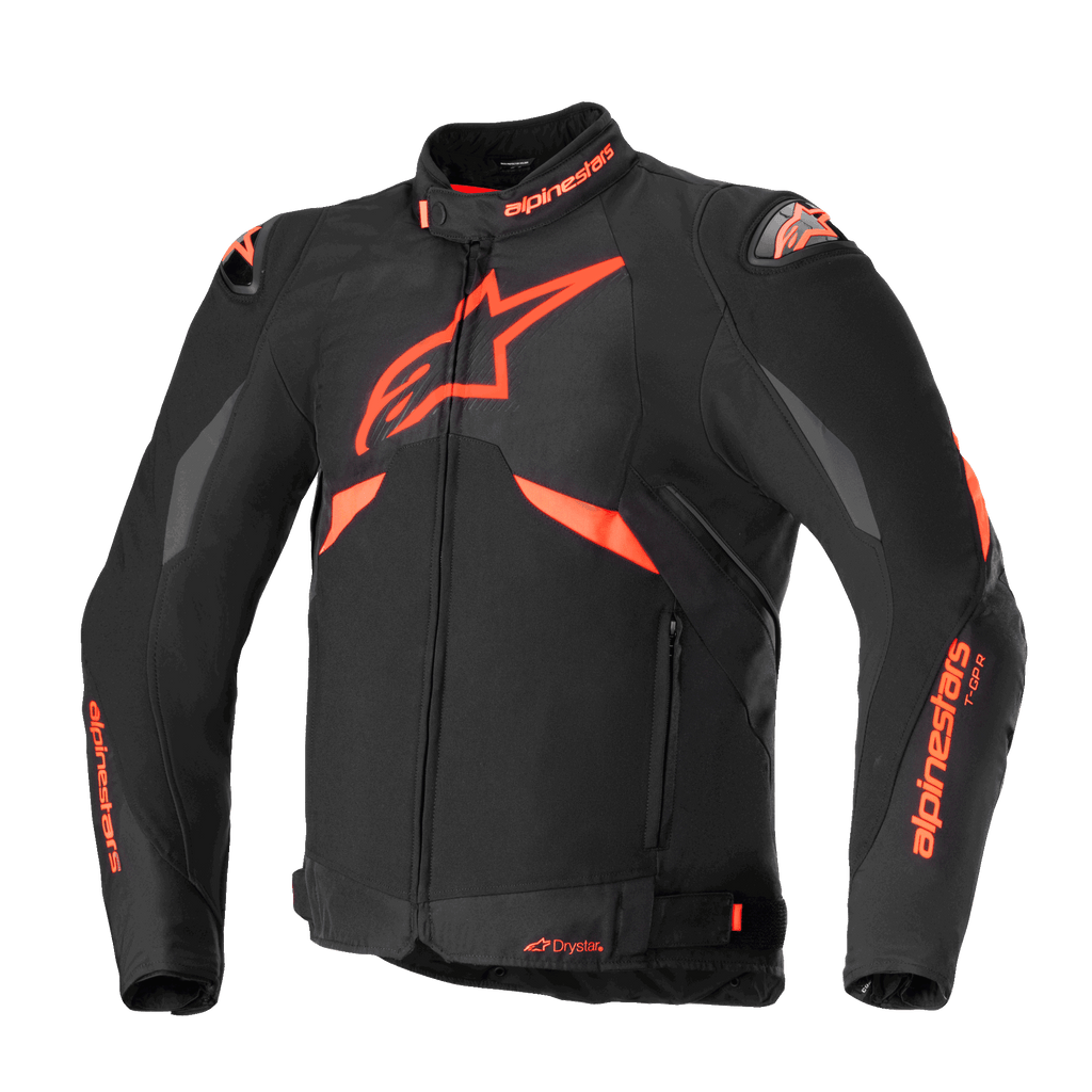 Giacca Alpinestars T-GP R V3 Drystar, giacca da moto sportiva in tessuto, nero e rosso fluo, pannelli grigi sulle spalle, grande logo a stella sul petto, slider sulle spalle DFS e costruzione impermeabile Drystar
