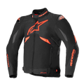 Giacca Alpinestars T-GP R V3 Drystar, giacca da moto sportiva in tessuto, nero e rosso fluo, pannelli grigi sulle spalle, grande logo a stella sul petto, slider sulle spalle DFS e costruzione impermeabile Drystar