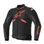 Giacca Alpinestars T-GP R V3 Drystar, giacca da moto sportiva in tessuto, nero e rosso fluo, pannelli grigi sulle spalle, grande logo a stella sul petto, slider sulle spalle DFS e costruzione impermeabile Drystar