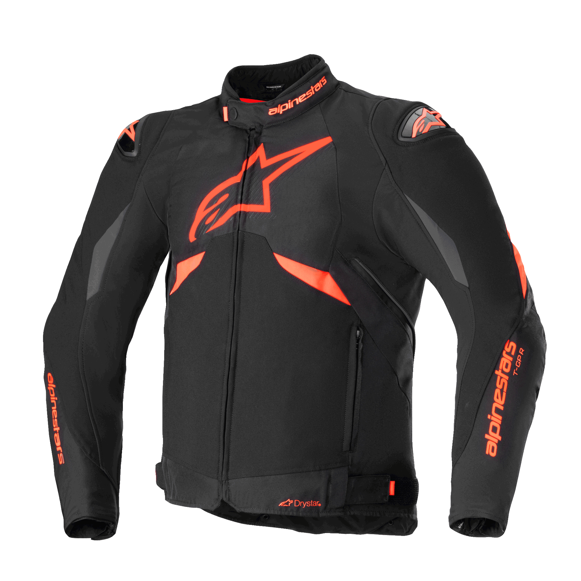 Giacca Alpinestars T-GP R V3 Drystar, giacca da moto sportiva in tessuto, nero e rosso fluo, pannelli grigi sulle spalle, grande logo a stella sul petto, slider sulle spalle DFS e costruzione impermeabile Drystar