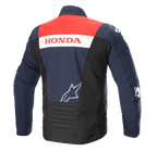 Vista posteriore della giacca Alpinestars Honda SMX Waterproof Softshell, colori Night Navy, nero e rosso acceso, con marchio 'HONDA' su una striscia bianca e logo Alpinestars argento, progettata per la guida motociclistica su strada