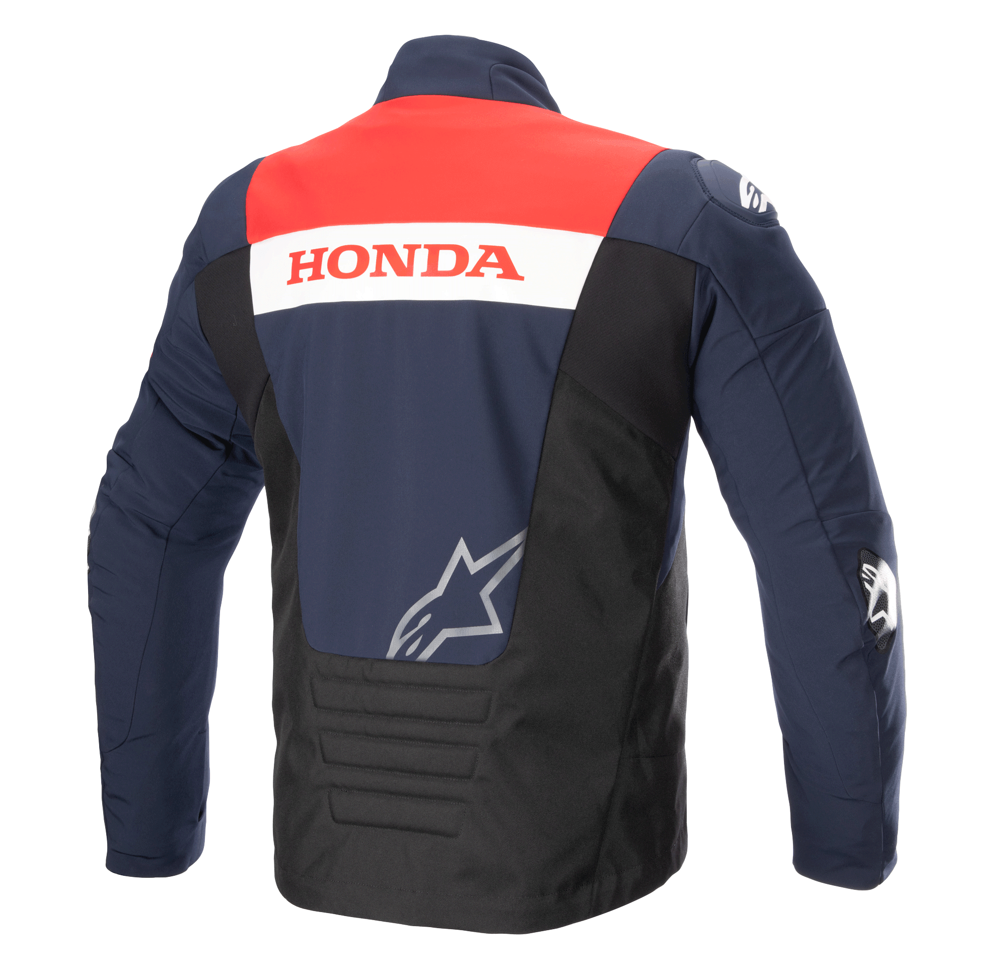 Vista posteriore della giacca Alpinestars Honda SMX Waterproof Softshell, colori Night Navy, nero e rosso acceso, con marchio 'HONDA' su una striscia bianca e logo Alpinestars argento, progettata per la guida motociclistica su strada