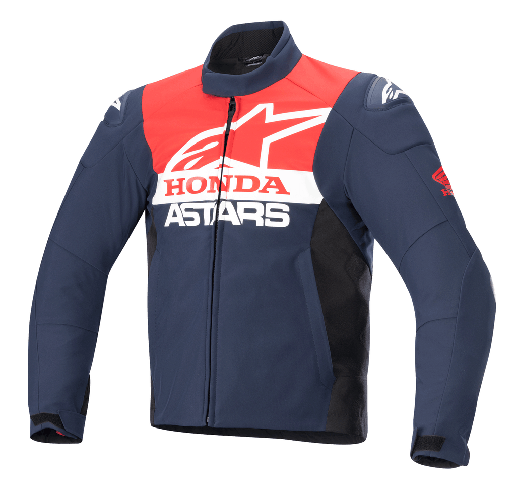 Giacca softshell impermeabile Alpinestars Honda SMX, giacca da moto, blu notte, nero e rosso brillante, con loghi Alpinestars e Honda bianchi sul petto, colletto alto, cerniera frontale e materiale tessile idrorepellente liscio