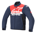 Giacca softshell impermeabile Alpinestars Honda SMX, giacca da moto, blu notte, nero e rosso brillante, con loghi Alpinestars e Honda bianchi sul petto, colletto alto, cerniera frontale e materiale tessile idrorepellente liscio