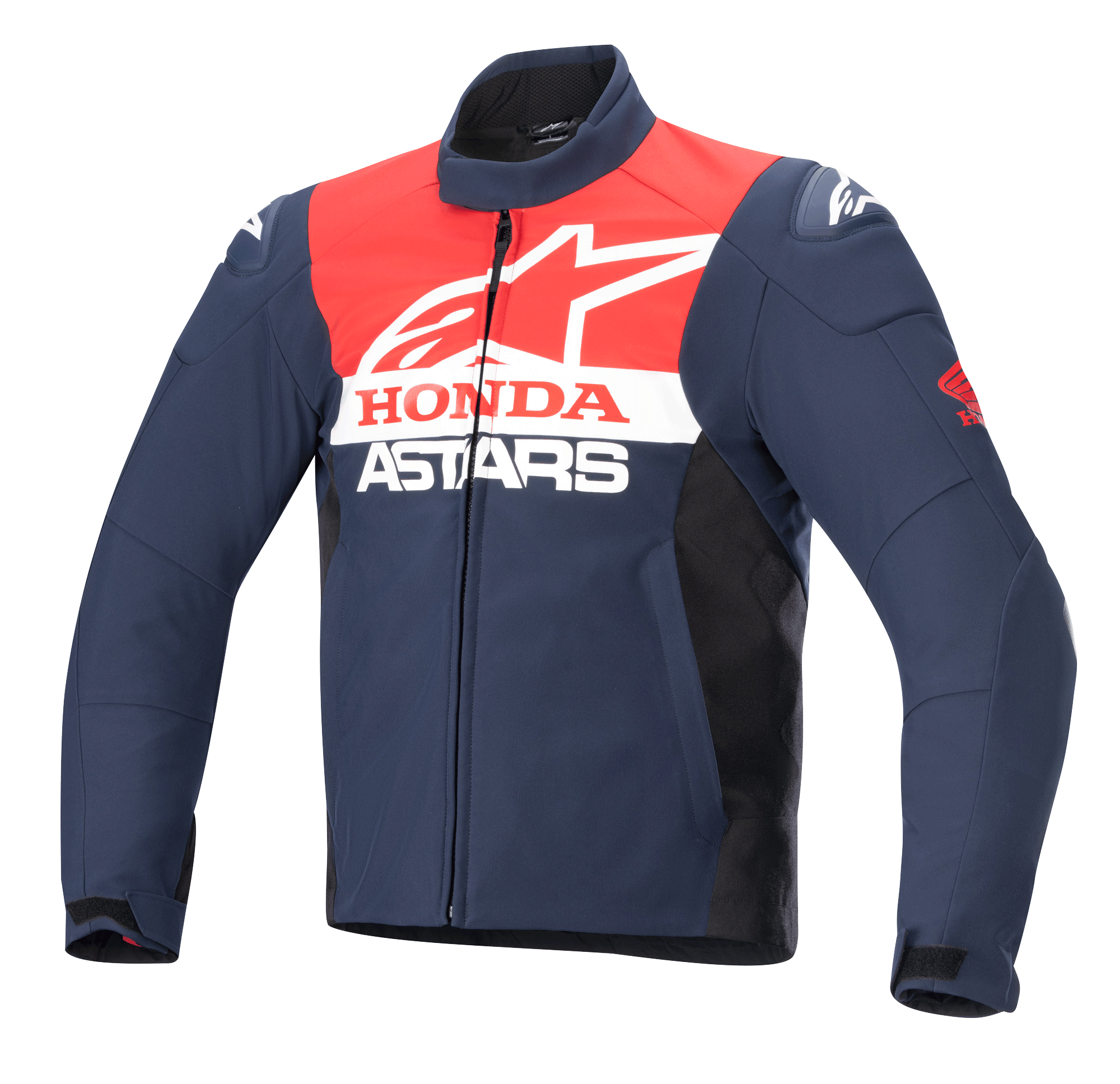 Giacca softshell impermeabile Alpinestars Honda SMX, giacca da moto, blu notte, nero e rosso brillante, con loghi Alpinestars e Honda bianchi sul petto, colletto alto, cerniera frontale e materiale tessile idrorepellente liscio
