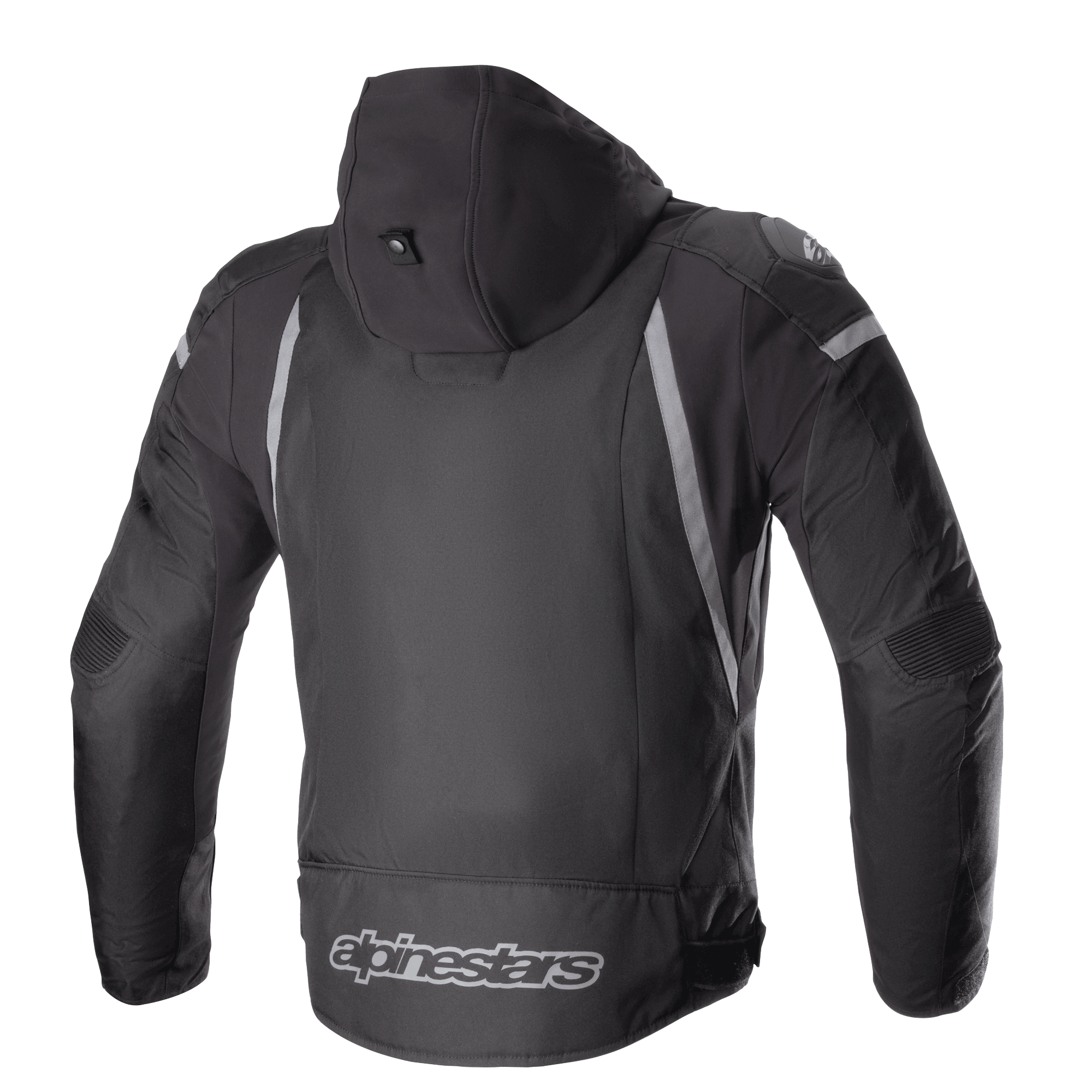 Giacca Alpinestars Zaca Waterproof, nero e grigio scuro, vista posteriore con cappuccio staccabile, dettagli riflettenti grigi e logo Alpinestars sulla parte inferiore della schiena, giacca sportiva da moto in tessuto