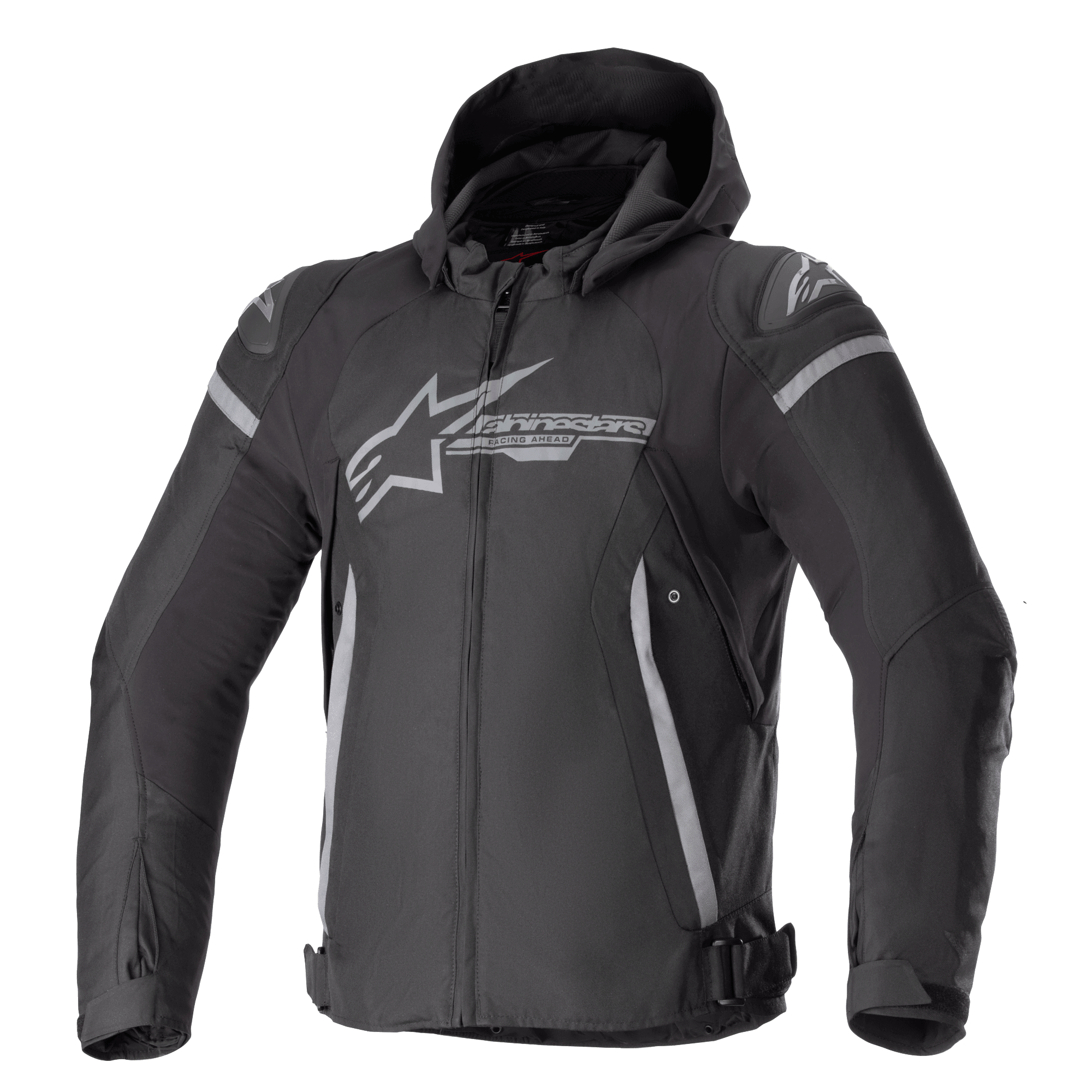 Alpinestars Zaca Waterproof Jacket, giacca sportiva da moto, nero e grigio scuro, dotata di cappuccio rimovibile, grande logo grigio sul petto, dettagli grigio chiaro su spalle e fianchi, cinghie regolabili in vita, chiusura frontale con zip, struttura sportiva in tessuto