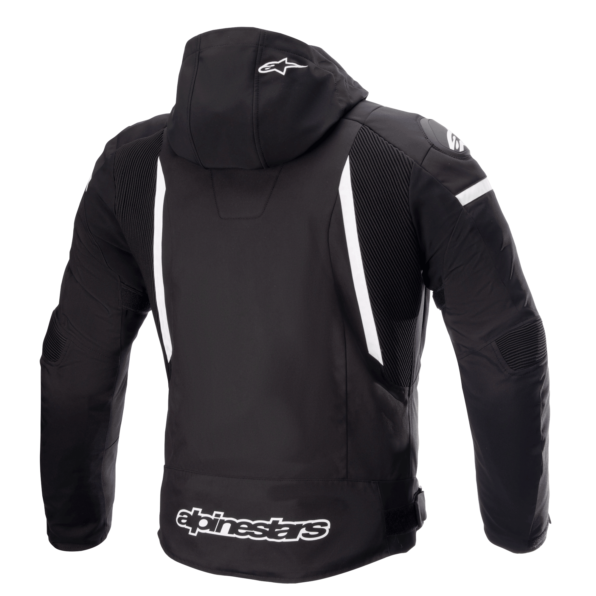 Alpinestars Zaca Waterproof Jacket, giacca da moto, nero e bianco, vista posteriore con cappuccio rimovibile e logo a stella bianco, strisce bianche verticali sul retro, marchio Alpinestars sul bordo inferiore e pannelli elasticizzati a costine per la mobilità.