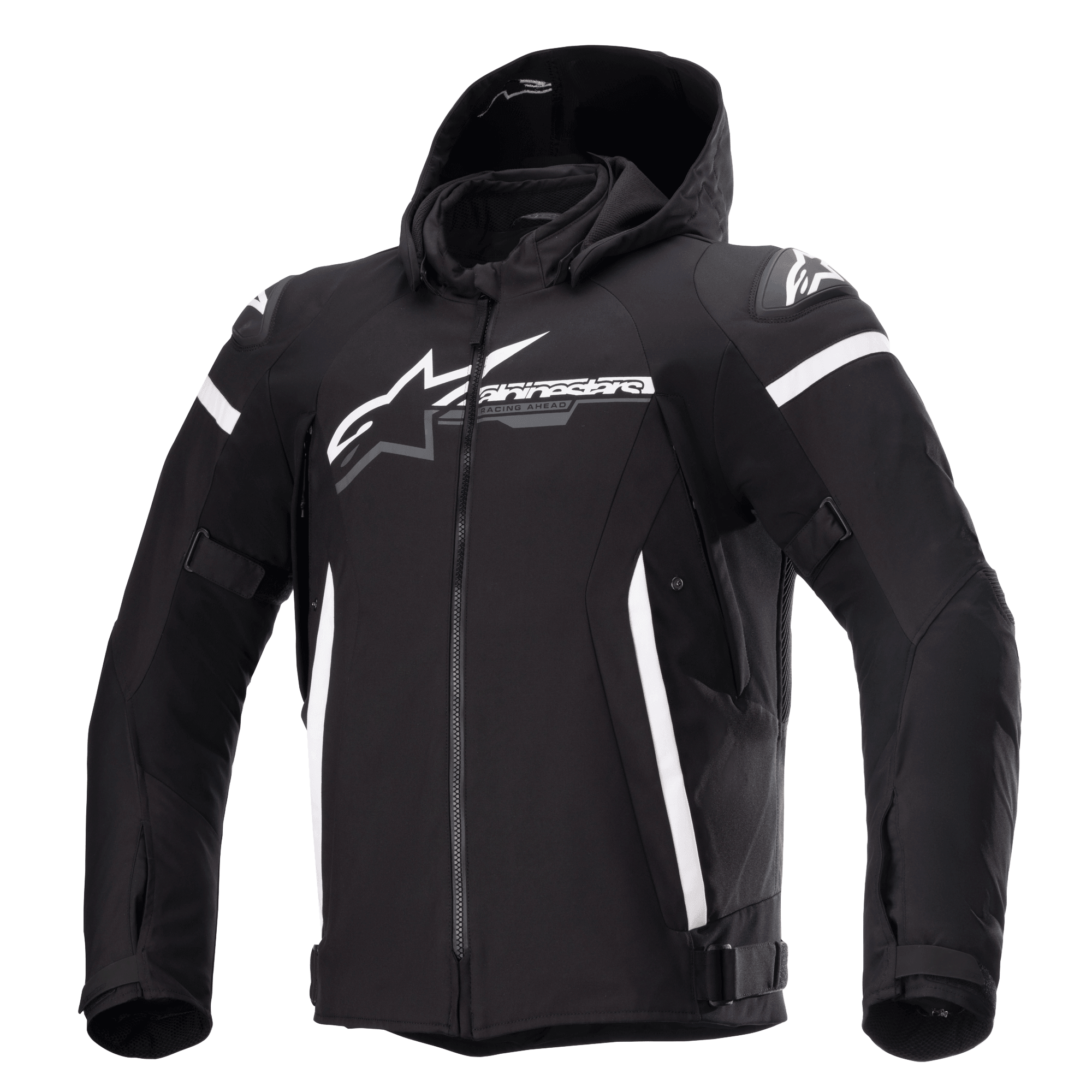 Alpinestars Zaca Waterproof Jacket, giacca da moto nera con cappuccio rimovibile, grande logo Alpinestars bianco sul petto, strisce bianche sulla parte superiore delle braccia e accenti laterali verticali, cerniera frontale, imbottitura rinforzata sulle spalle, cinghie regolabili in vita e sulle braccia, costruzione in tessuto softshell