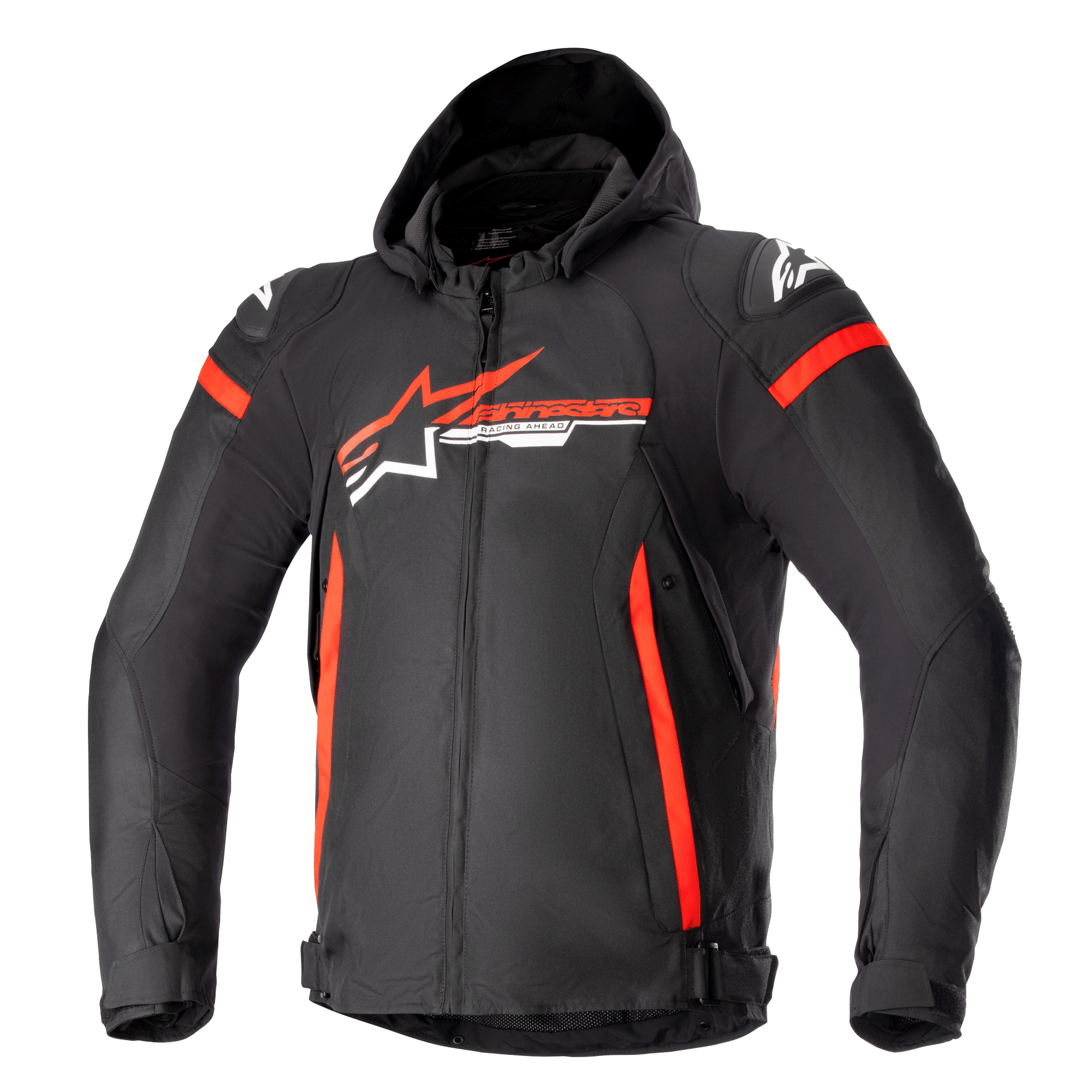 Alpinestars Zaca Waterproof Jacket, giacca da moto in tessuto con cappuccio, nera con accenti rosso brillante e bianchi, zip frontale, strisce verticali rosse sui fianchi, logo stella Alpinestars sul petto, protezioni per le spalle, abbigliamento sportivo per tutte le stagioni