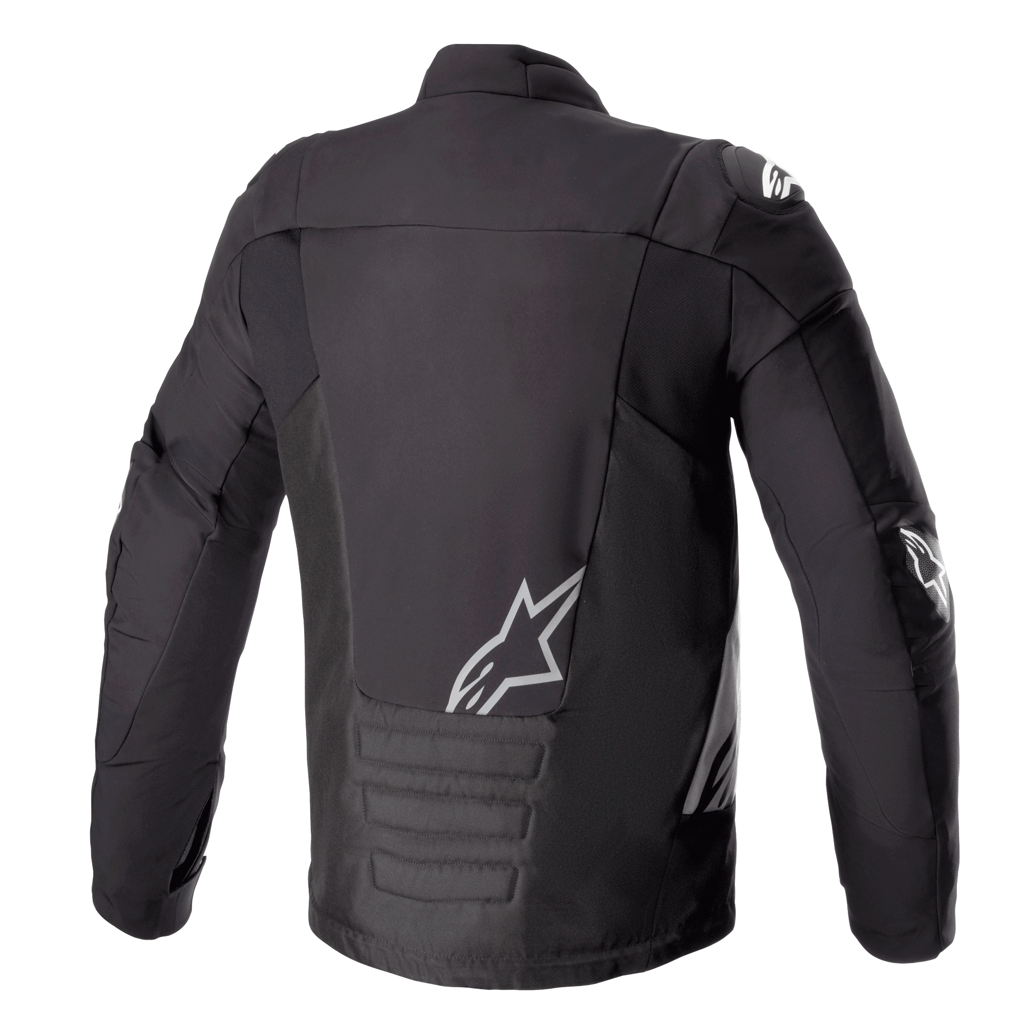 Alpinestars SMX Waterproof Jacket, Nero Grigio Scuro, vista posteriore, con logo Alpinestars bianco sulla parte bassa della schiena e sulla spalla, sezione imbottita nella parte inferiore della schiena, giacca da moto in tessuto tecnico e softshell